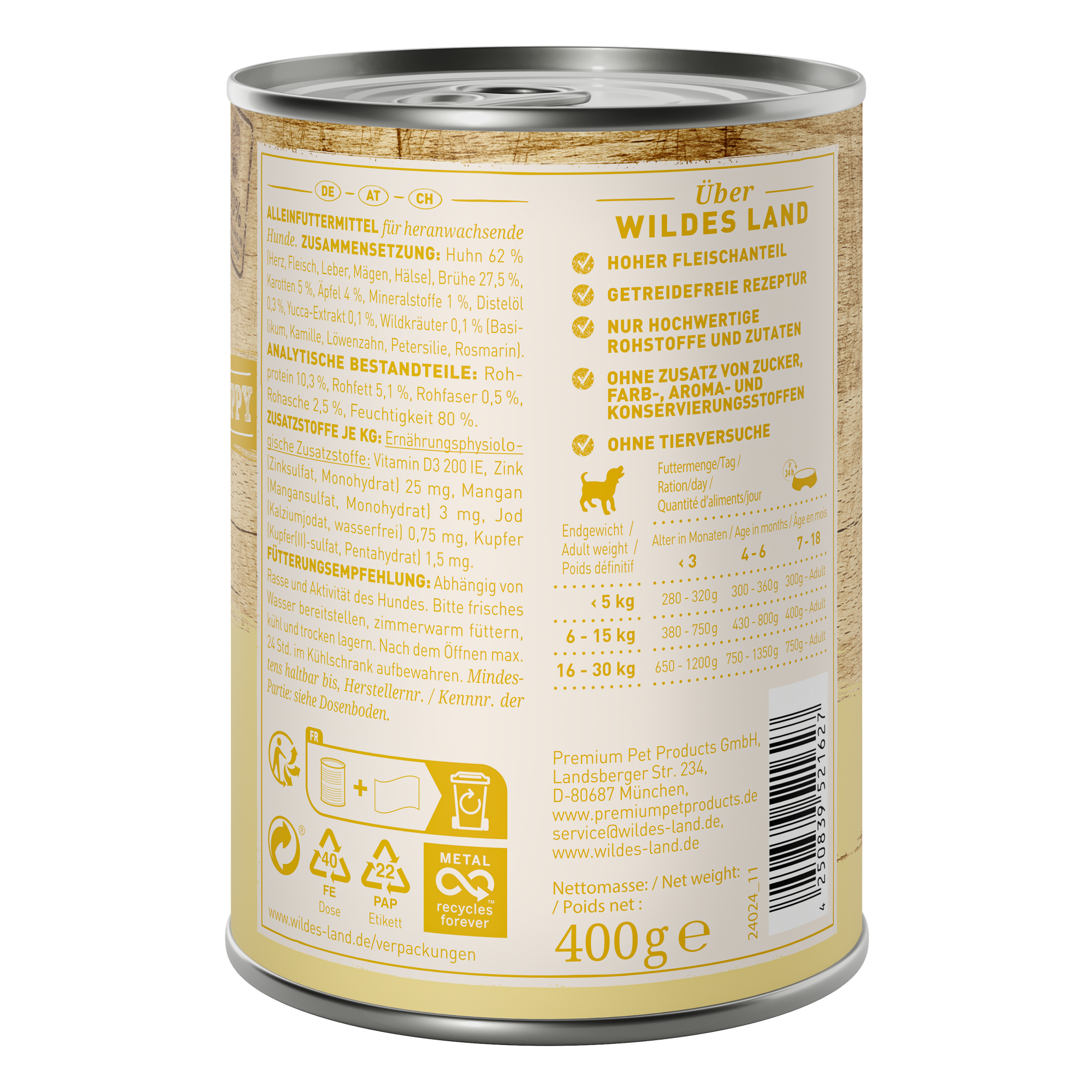 Hundenassfutter 'Huhn mit Karotte, Apfel und Wildkräutern' Puppy 400 g