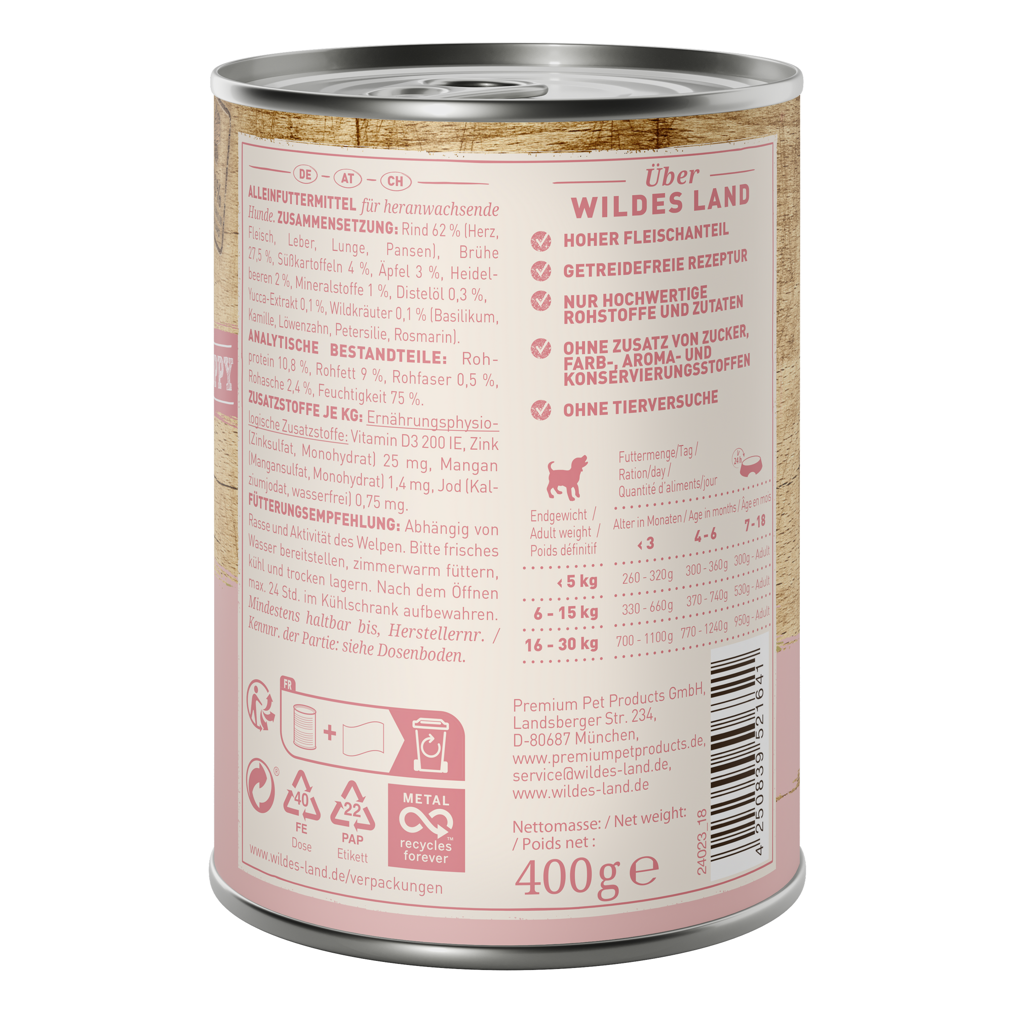 Hundenassfutter 'Rind mit Süßkartoffel, Apfel und Wildkräutern' Puppy 400 g