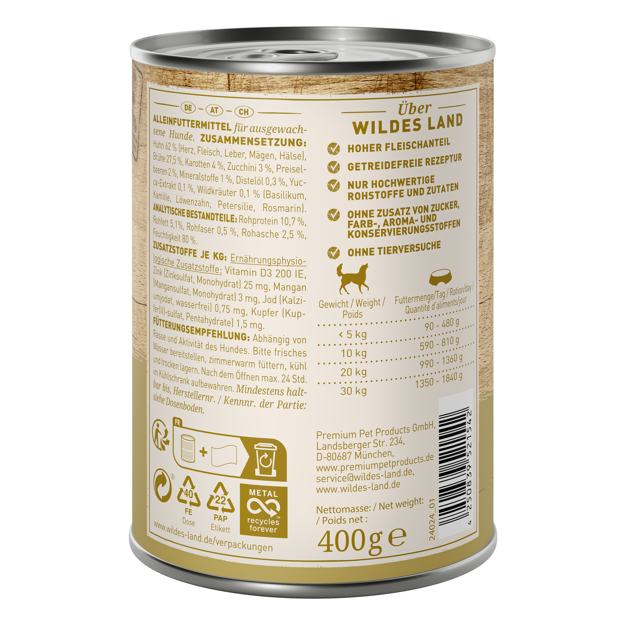 Hundenassfutter 'Huhn mit Karotten, Zucchini, Wildkräuter und Distelöl' Adult 400 g