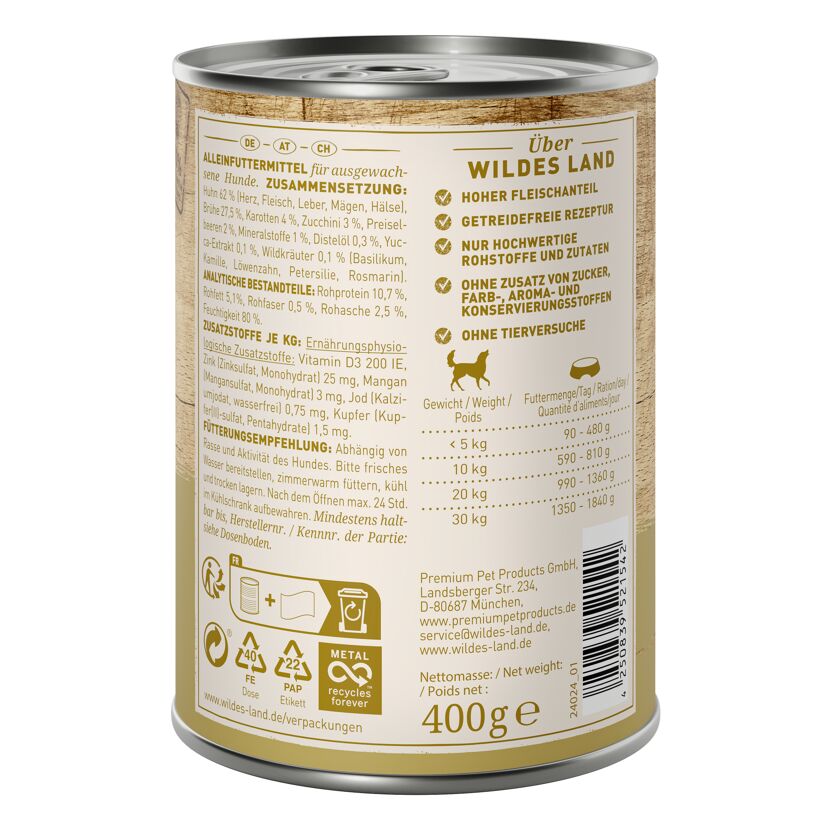 Hundenassfutter 'Huhn mit Karotten, Zucchini, Wildkräuter und Distelöl' Adult 400 g