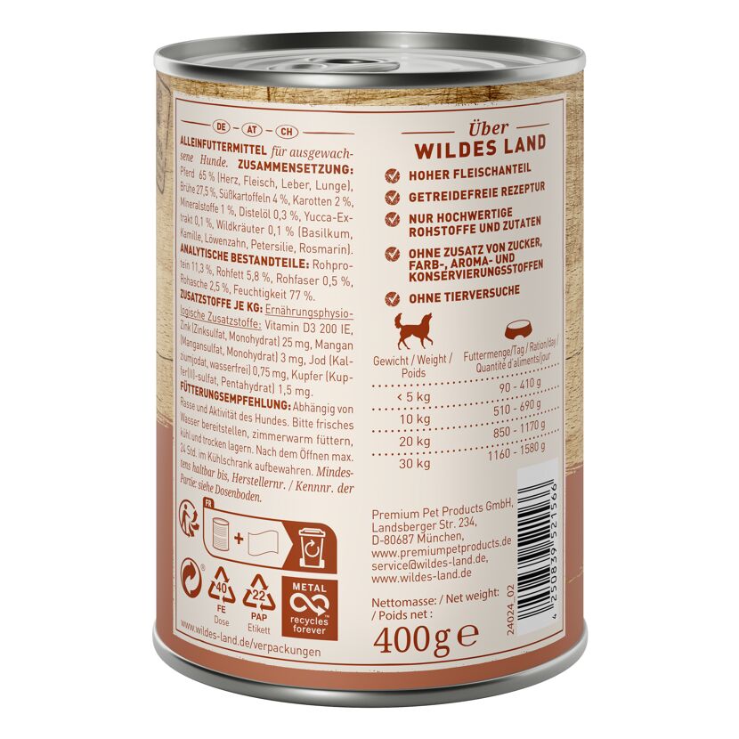 Hundenassfutter 'Pferd mit Süßkartoffeln, Wildkräutern und Distelöl' Adult 400 g