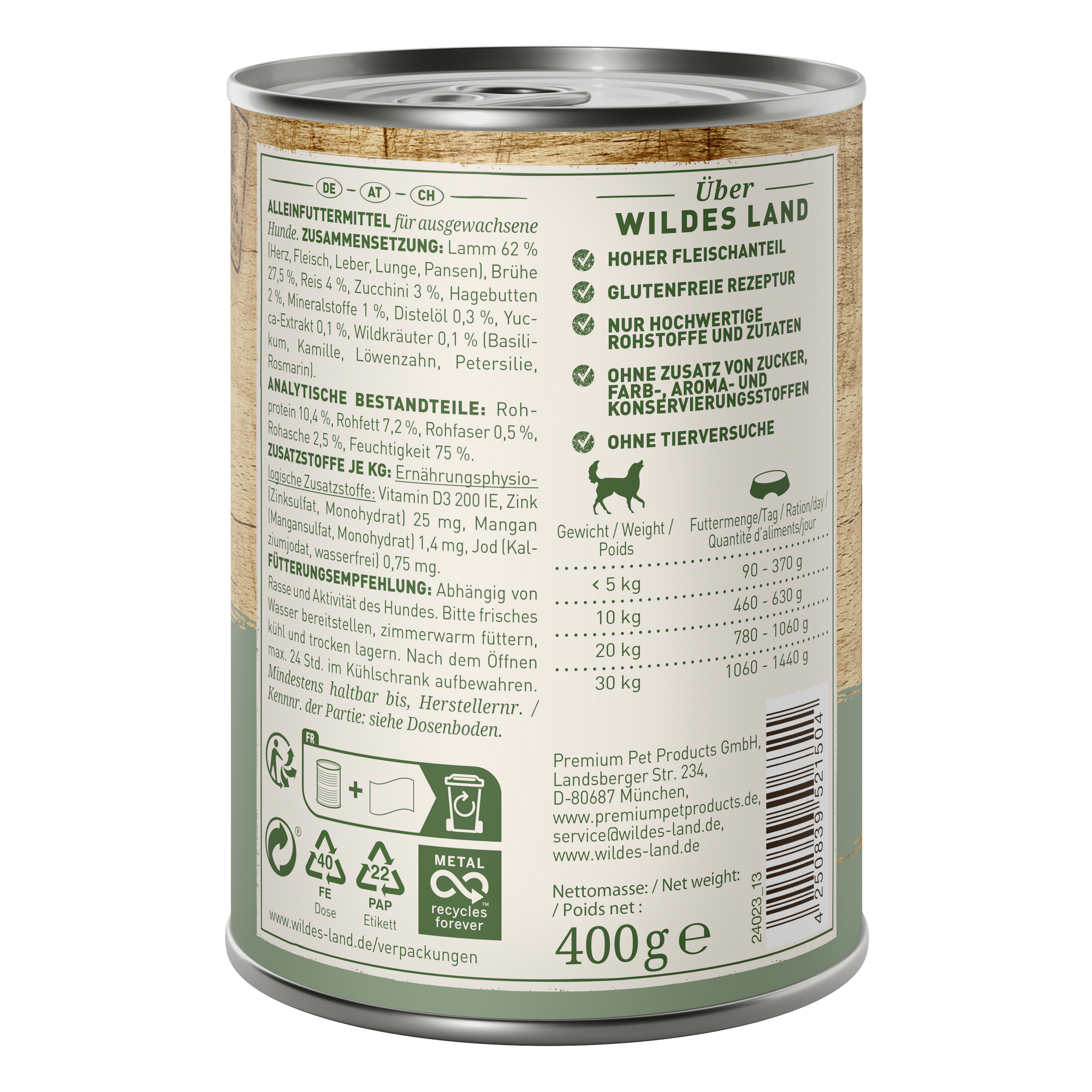 Hundenassfutter 'Lamm mit Reis, Zucchini, Wildkräutern und Distelöl' Adult 400 g