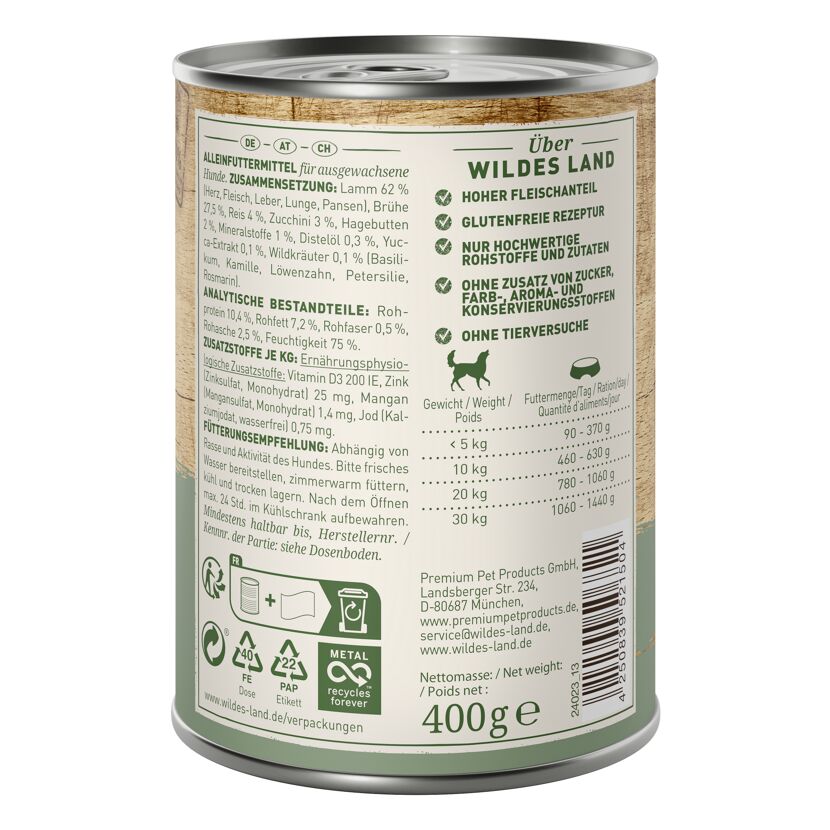 Hundenassfutter 'Lamm mit Reis, Zucchini, Wildkräutern und Distelöl' Adult 400 g