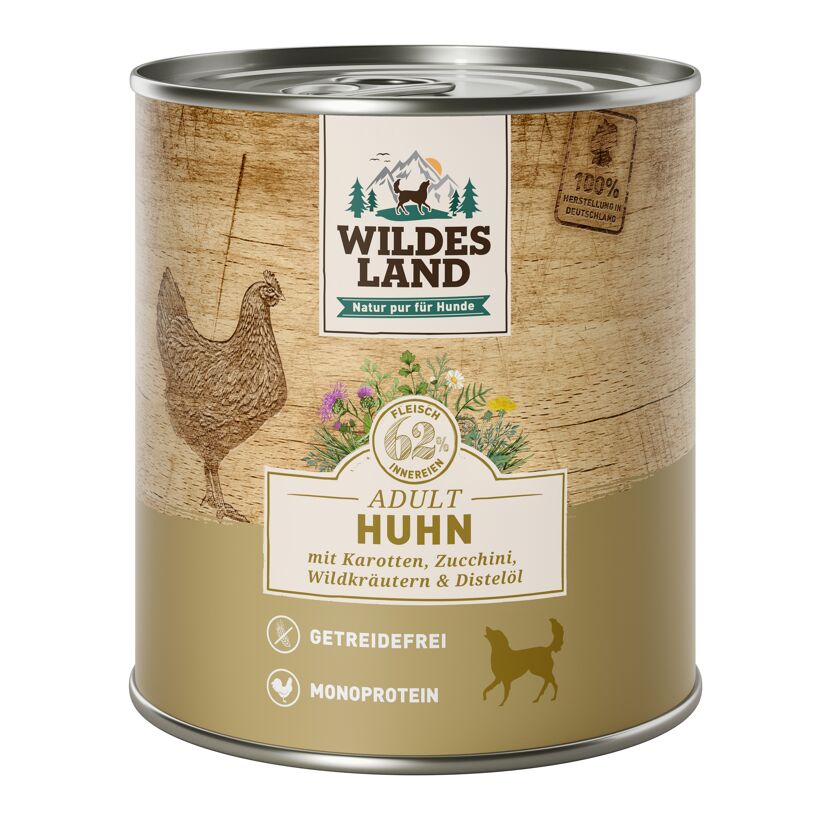 Hundenassfutter 'Huhn mit Karotten, Zucchini, Wildkräutern und Distelöl' Adult 800 g