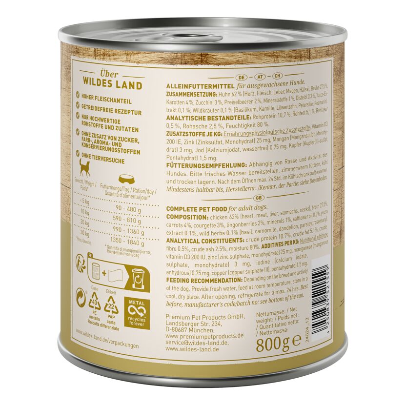 Hundenassfutter 'Huhn mit Karotten, Zucchini, Wildkräutern und Distelöl' Adult 800 g