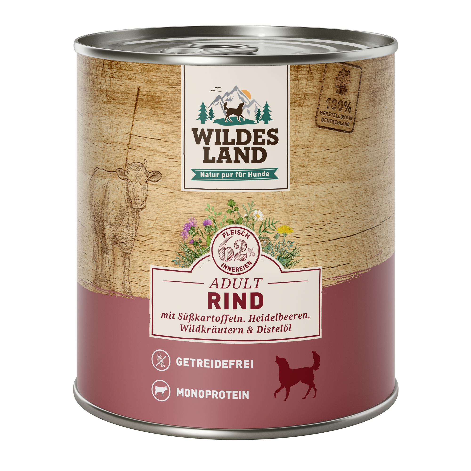 Hundenassfutter 'Rind mit Süßkartoffeln, Heidelbeeren, Wildkräutern und Distelöl' Adult 800 g