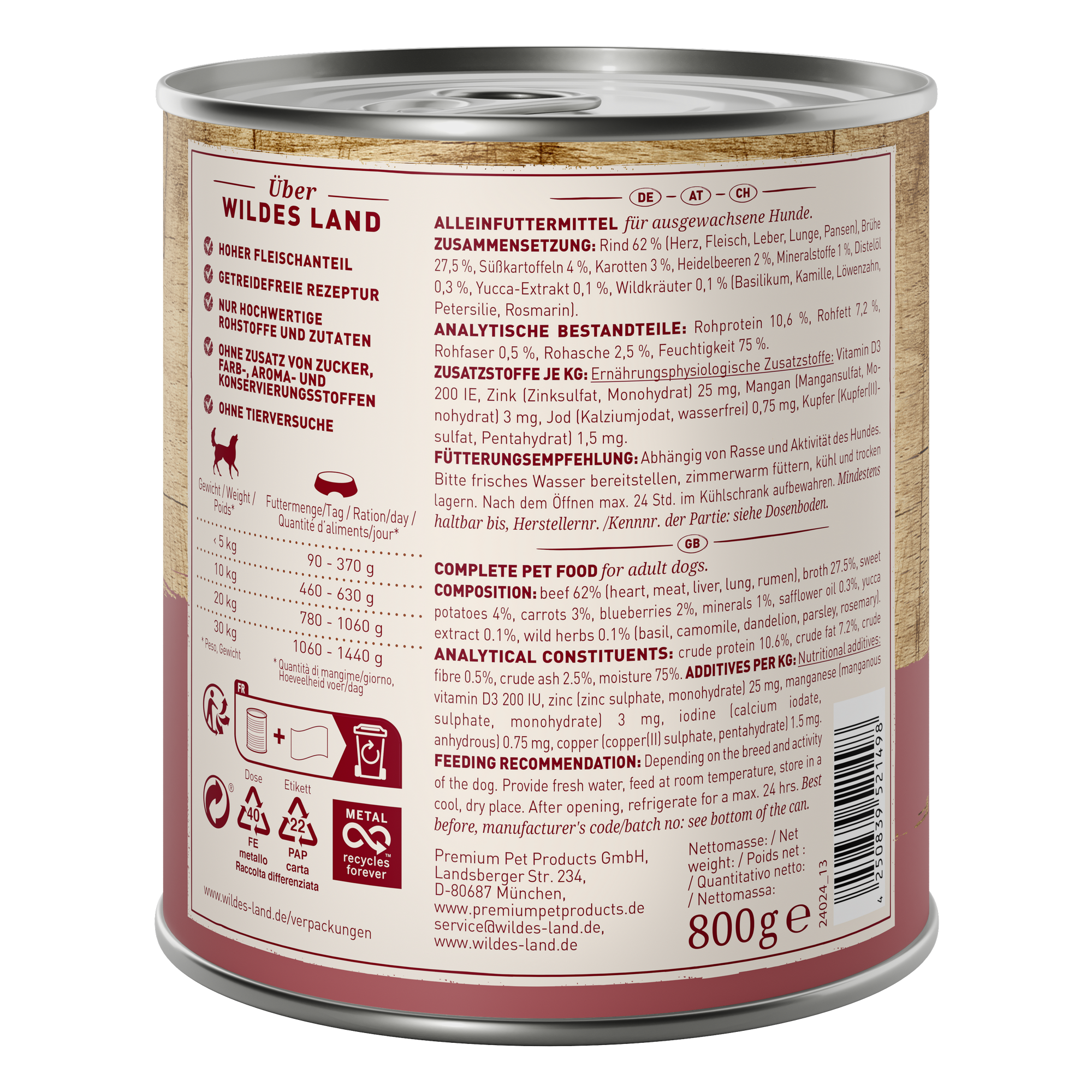 Hundenassfutter 'Rind mit Süßkartoffeln, Heidelbeeren, Wildkräutern und Distelöl' Adult 800 g