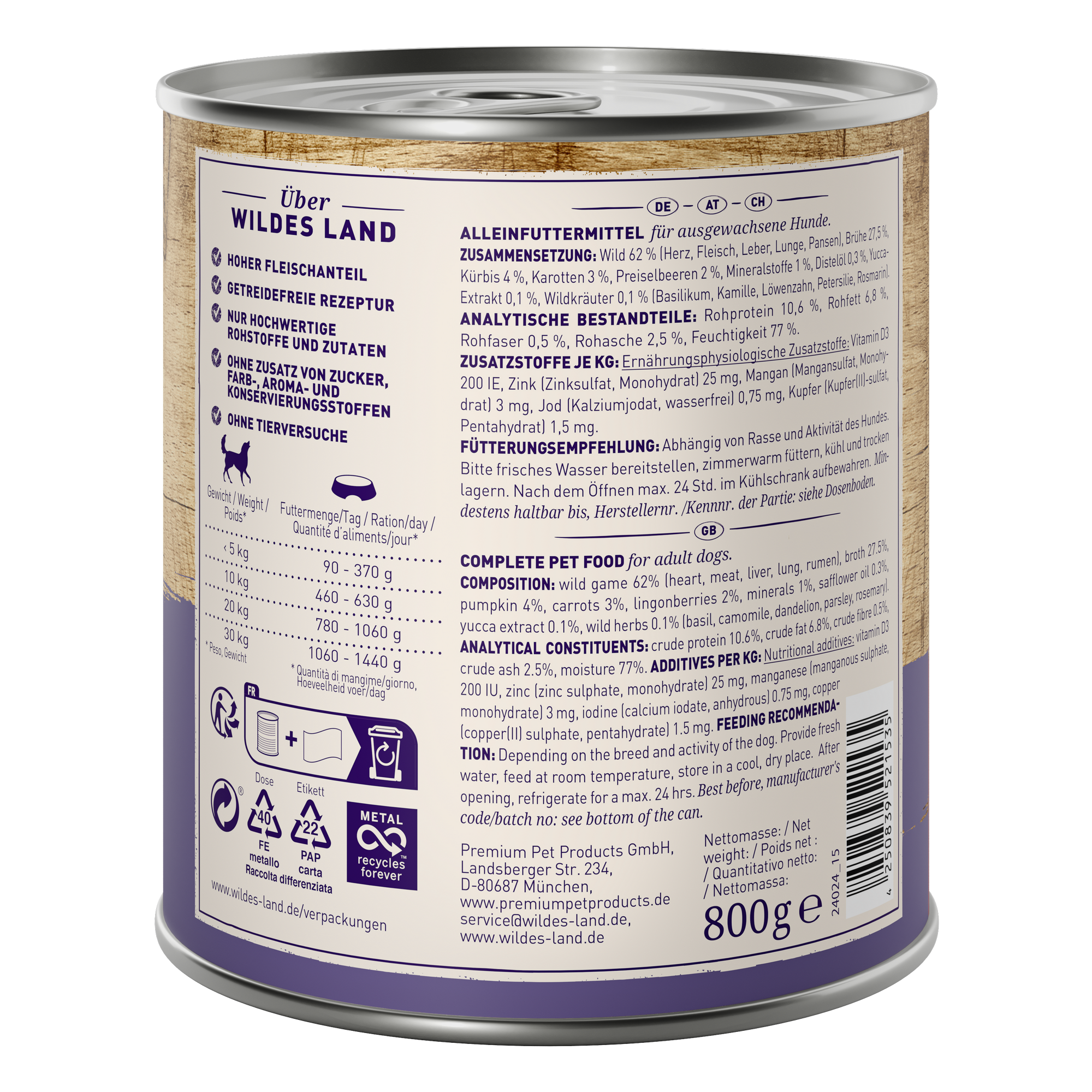 Hundenassfutter 'Wild mit Kürbis, Preiselbeeren, Wildkräutern und Distelöl' Adult 800 g