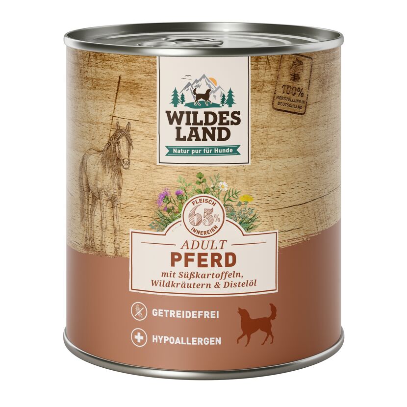 Hundenassfutter 'Pferd mit Süßkartoffeln, Wildkräutern und Distelöl' Adult 800 g