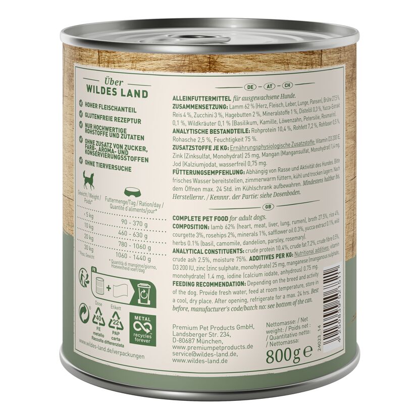 Hundenassfutter 'Lamm mit Reis, Zucchini, Wildkräutern und Distelöl' Adult 800 g