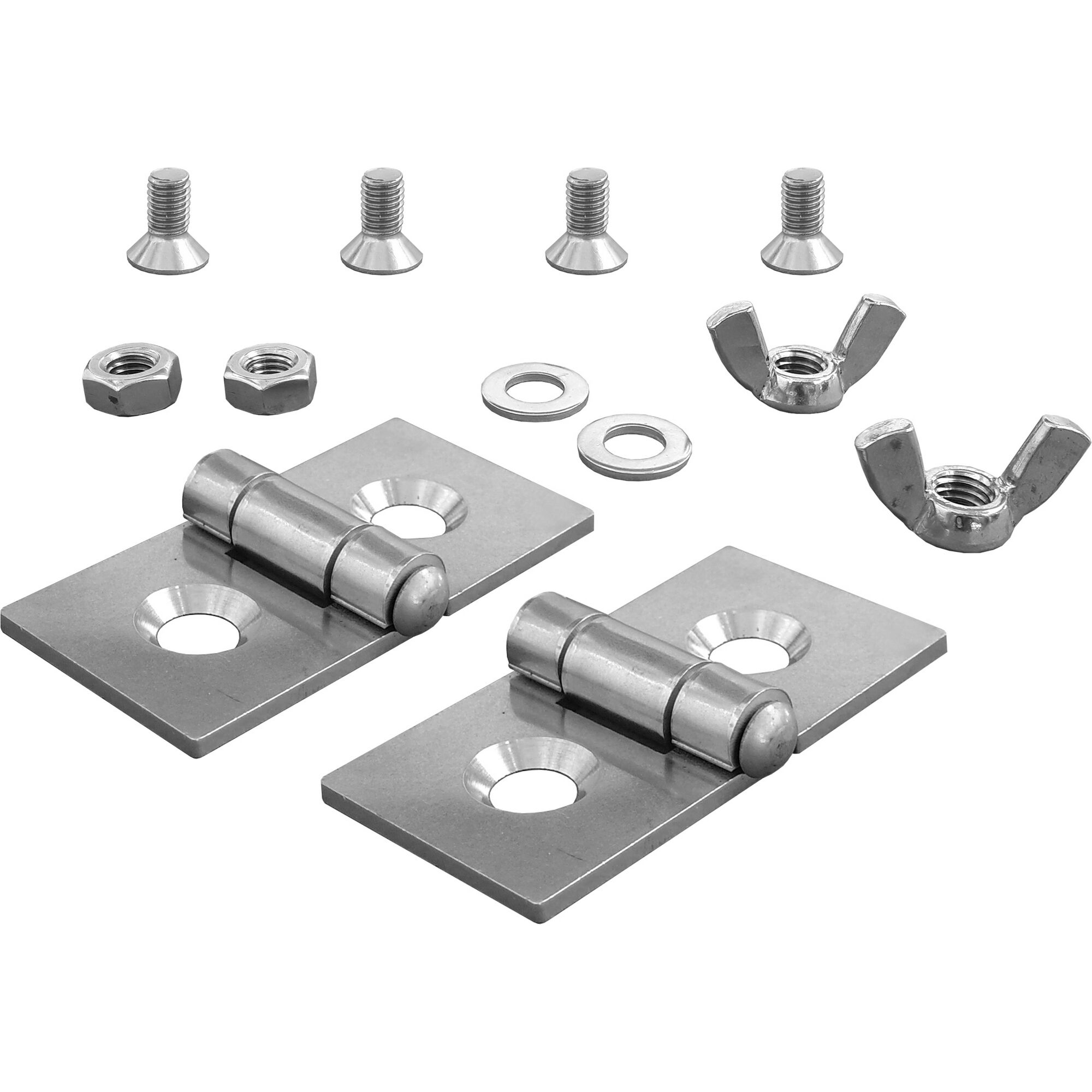 Zwei Scharniere mit Schrauben, Muttern und Unterlegscheiben