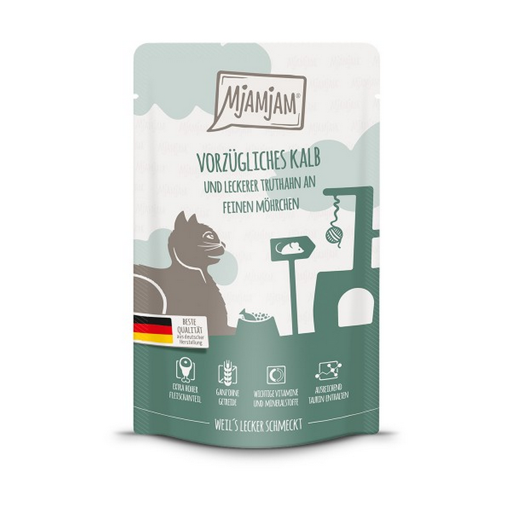 Katzennassfutter 'Quetschie' vorzügliches Kalb & Truthahn an leckeren Möhrchen 125 g + product picture