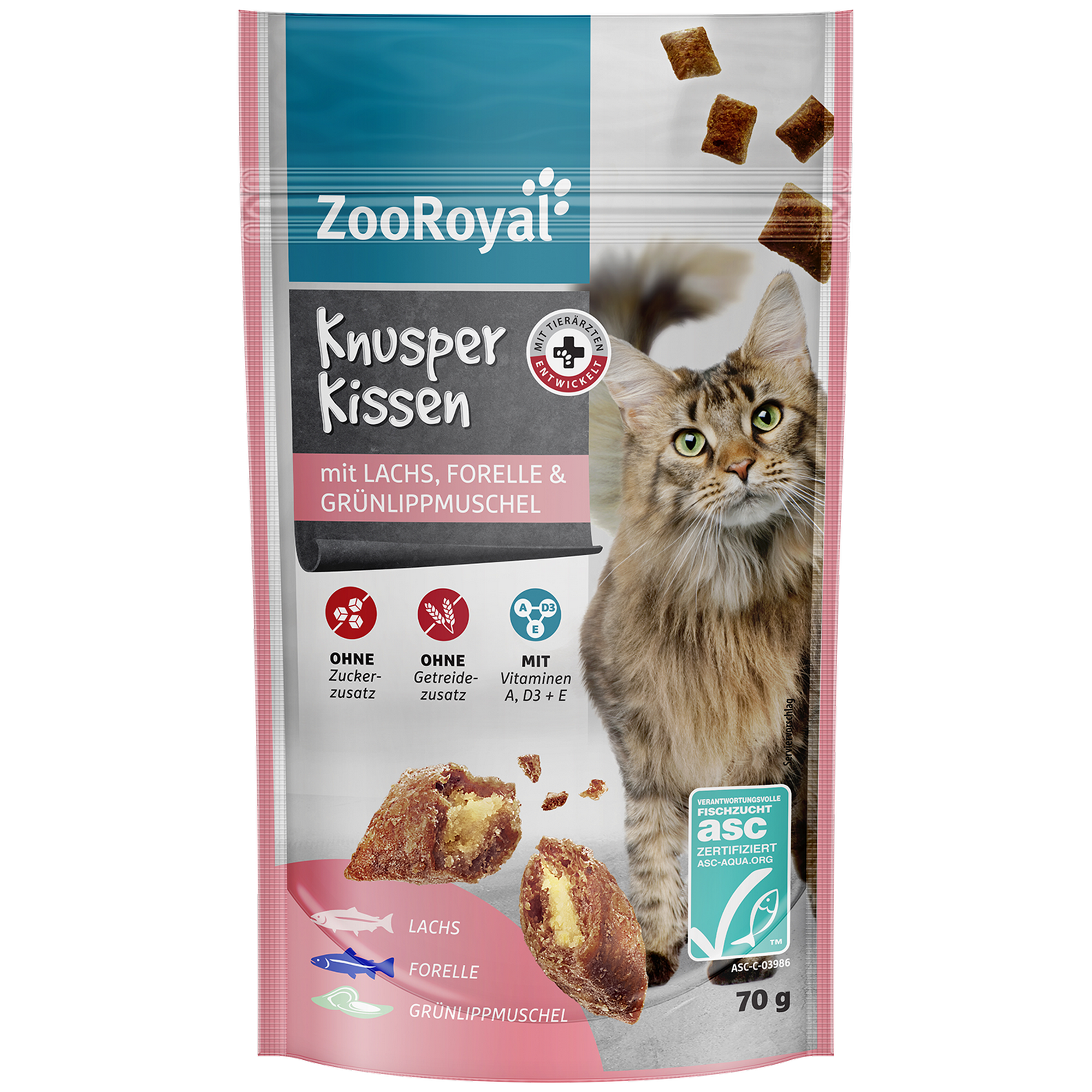 Katzensnack 'Knusperkissen Lachs, Forelle, Muschel' 70 g