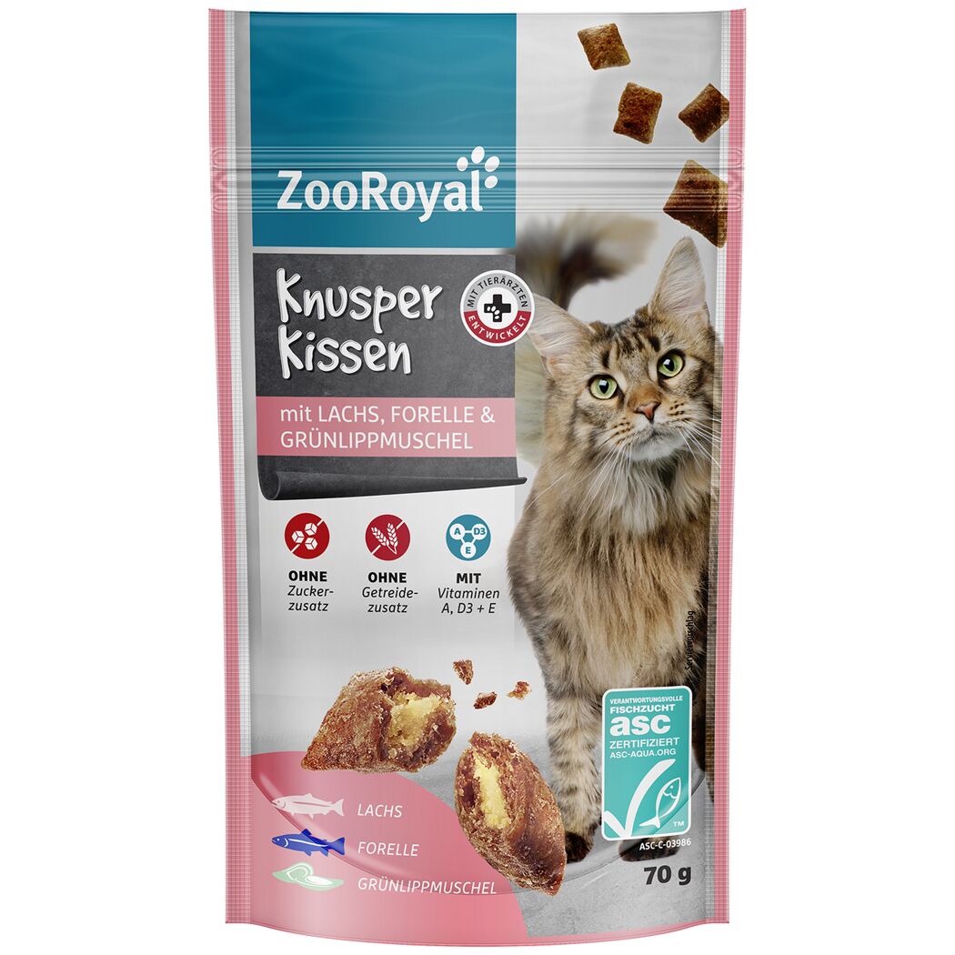 Katzensnack 'Knusperkissen Lachs, Forelle, Muschel' 70 g