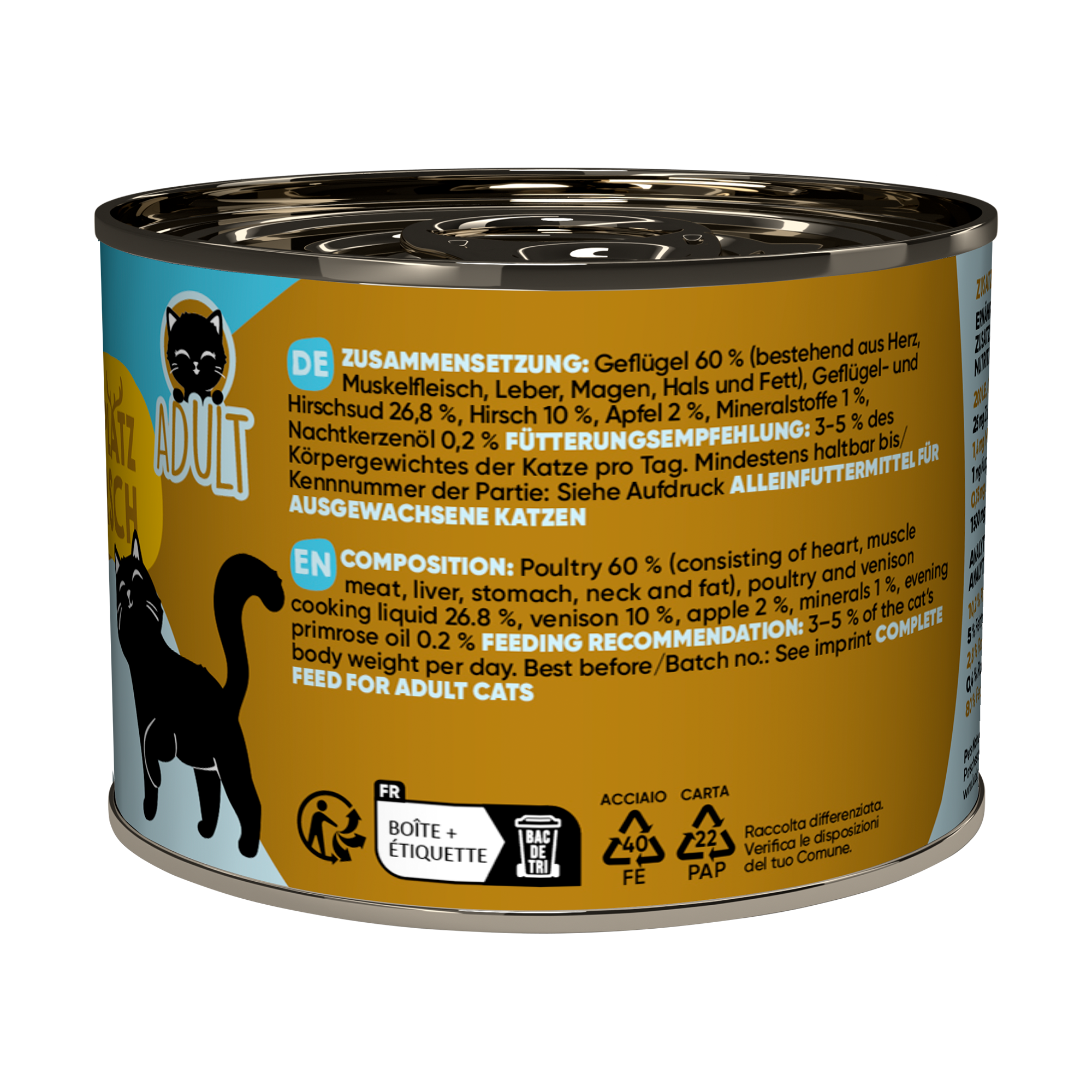 Katzenfutter Adult Geflügel, Hirsch 200 g