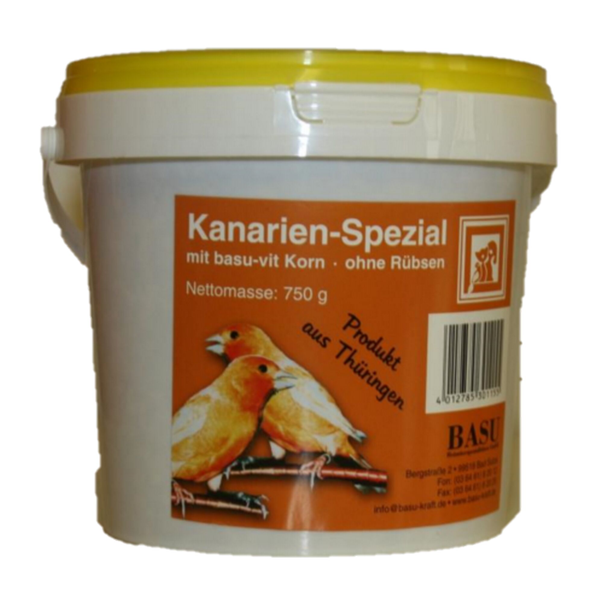 Eimer Kanarienfutter Spezial 750g mit zwei Kanarienvögeln