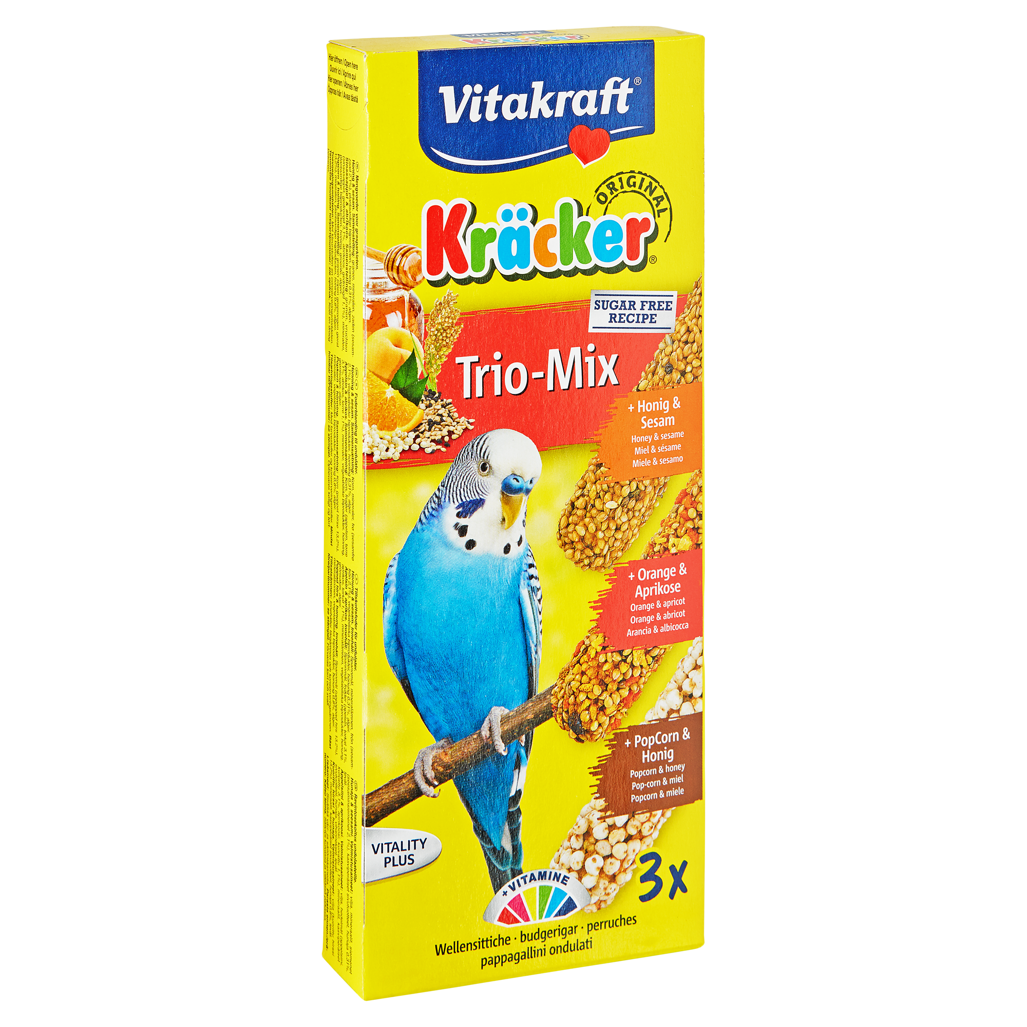 Sittichfutter "Kräcker® Original" Trio-Mix 80 g Honig/Sesam Orange/Aprikose PopCorn/Honig + product picture