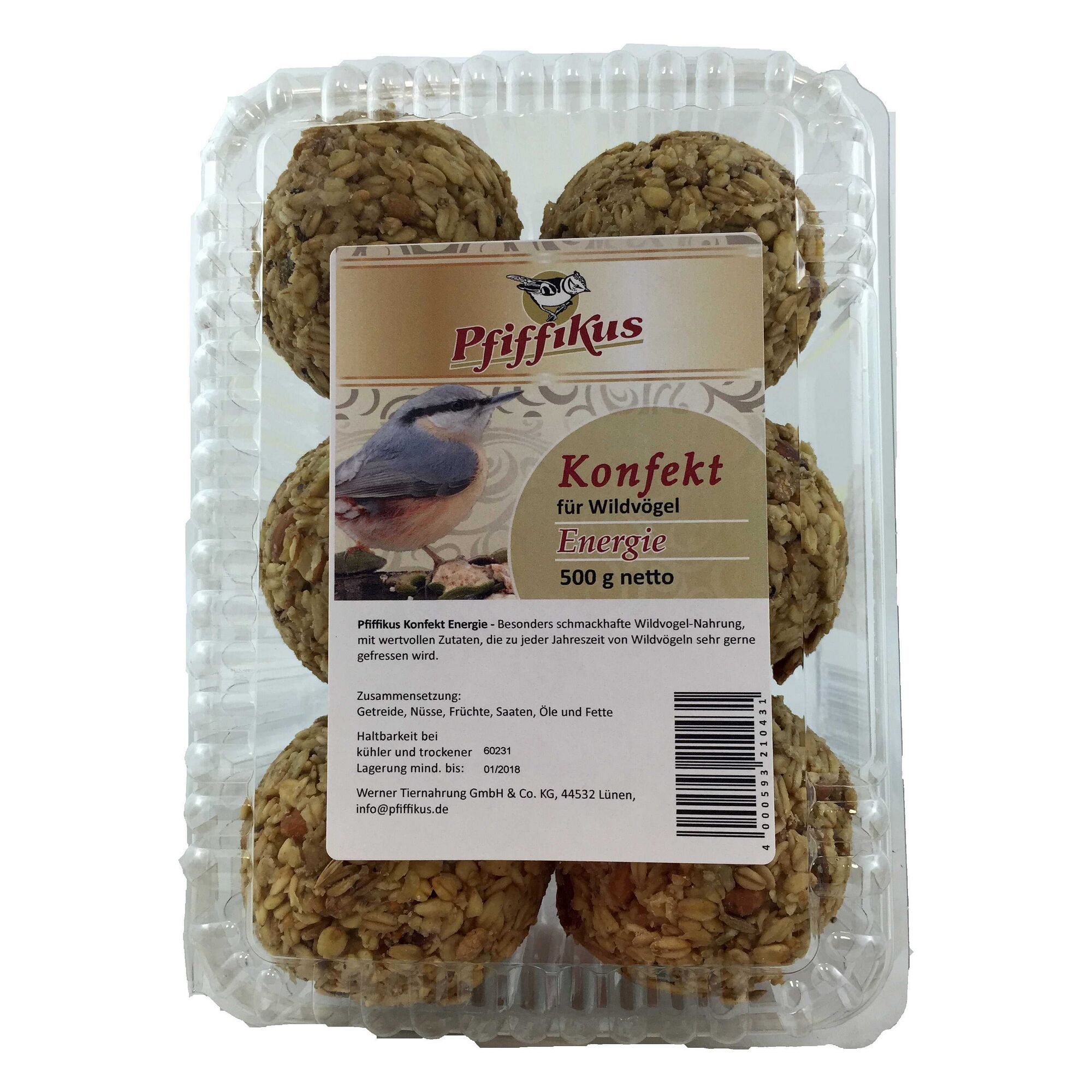 Sechs Kugeln Vogelfutter in Plastikverpackung