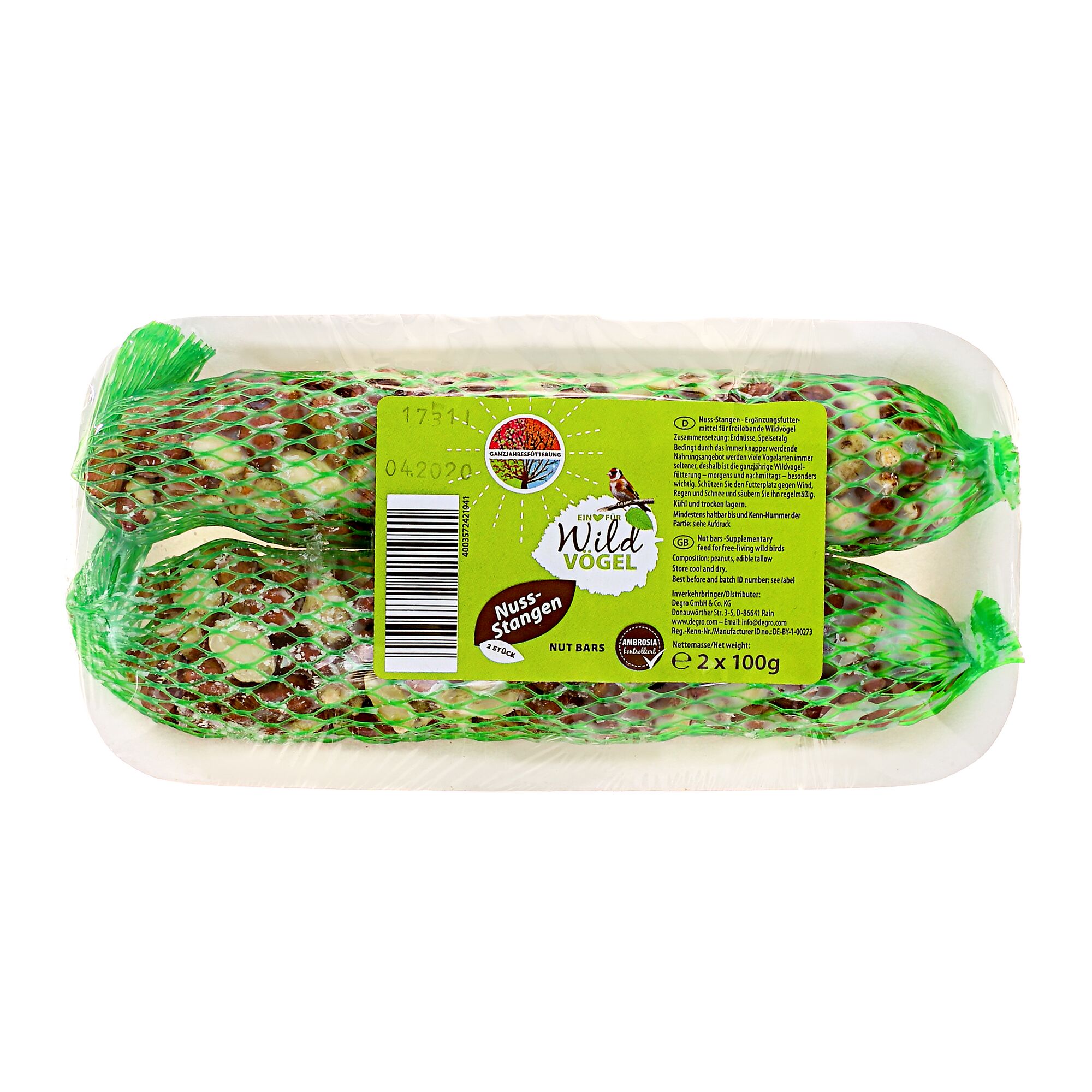 Zwei Nussstangen Vogelfutter in grünem Netz