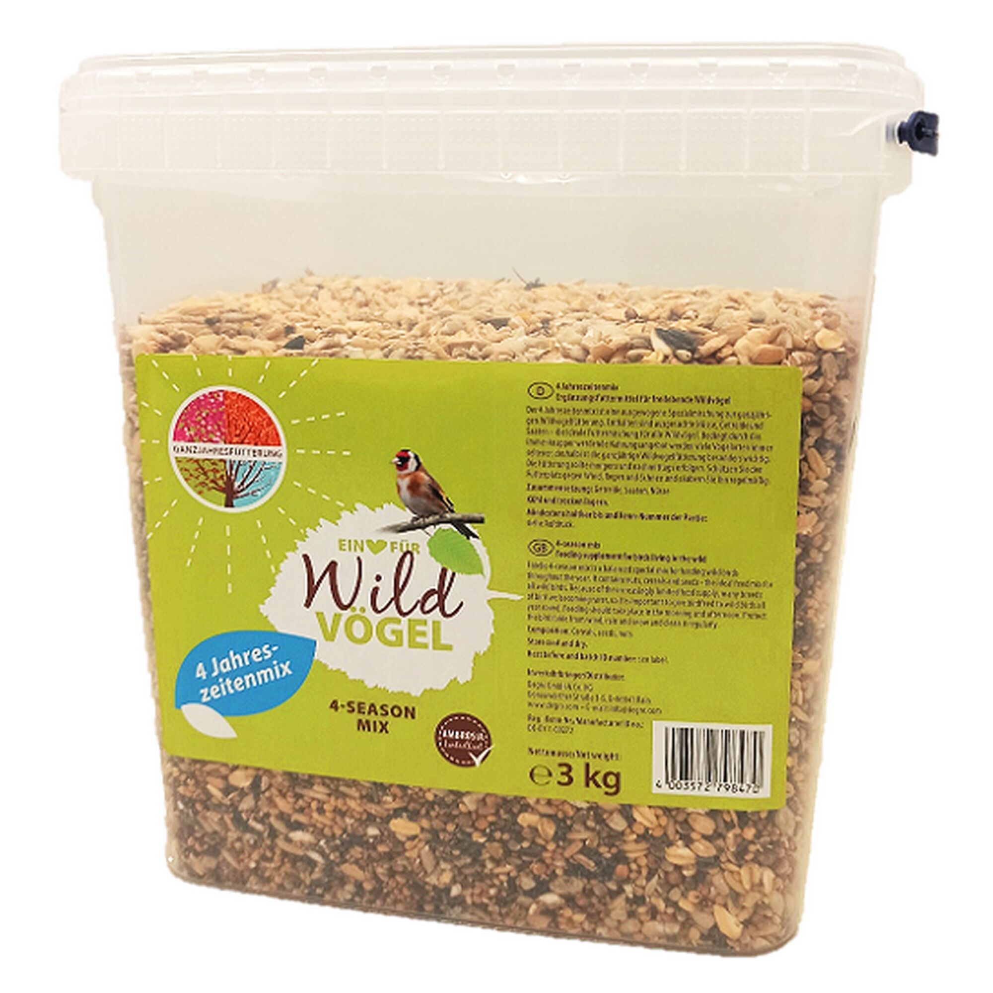 Wildvogelfutter im transparenten Plastikbehälter