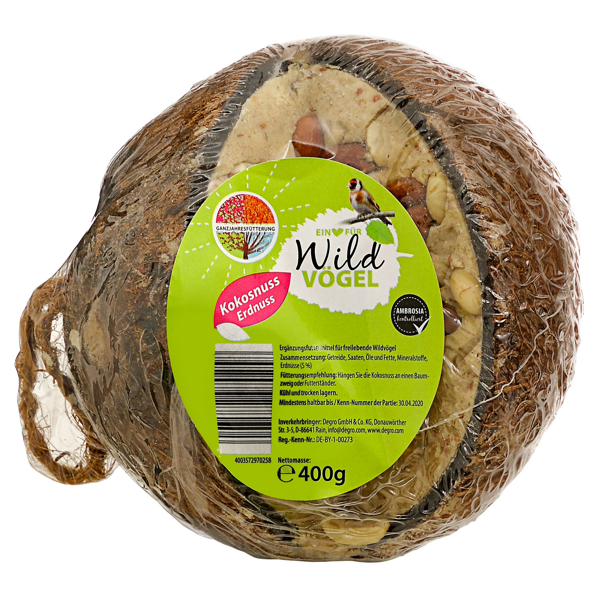 Wildvogelfutter Kokosnuss mit Nussfüllung 400 g + product picture