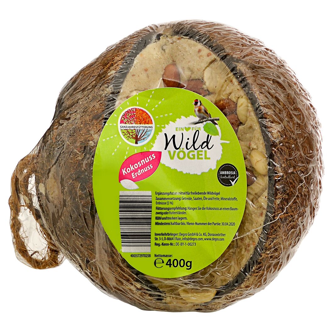 Vogelfutter in Kokosnuss