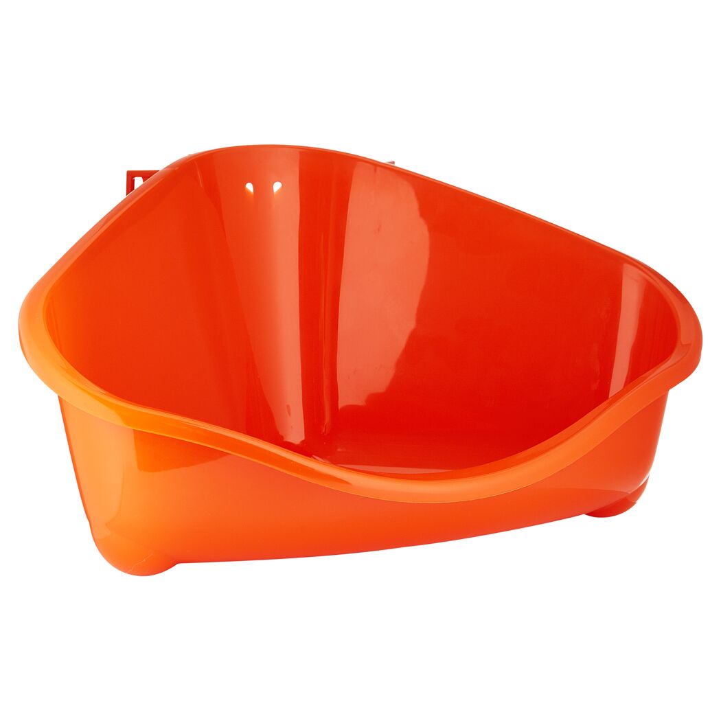Orangefarbene Ecktoilette für Nagetiere aus Kunststoff.
