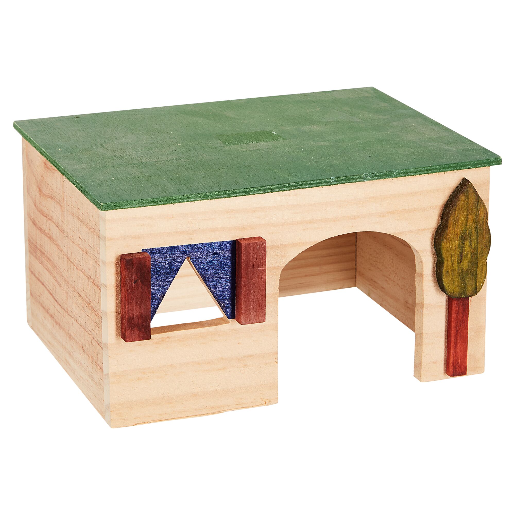 Spielhaus aus Holz mit grünem Dach