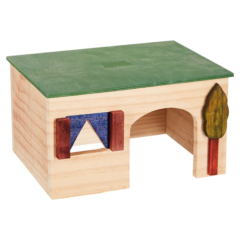 Spielhaus aus Holz mit grünem Dach