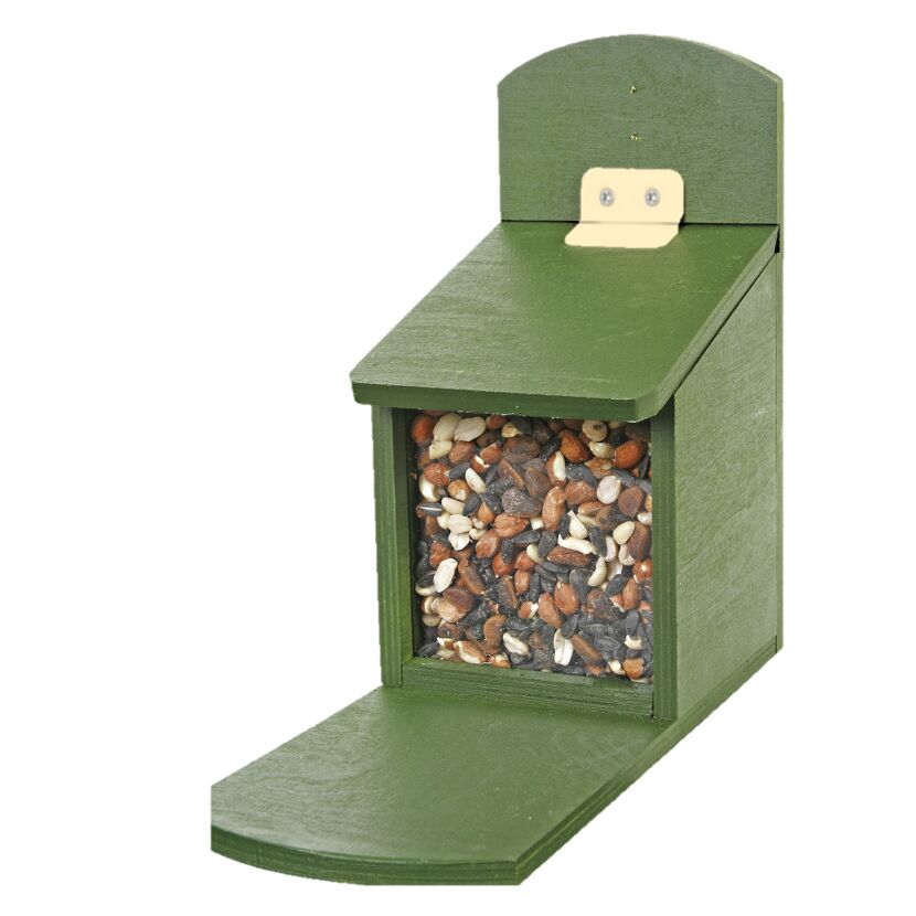 Grünes Futterhaus mit Vogelfutter