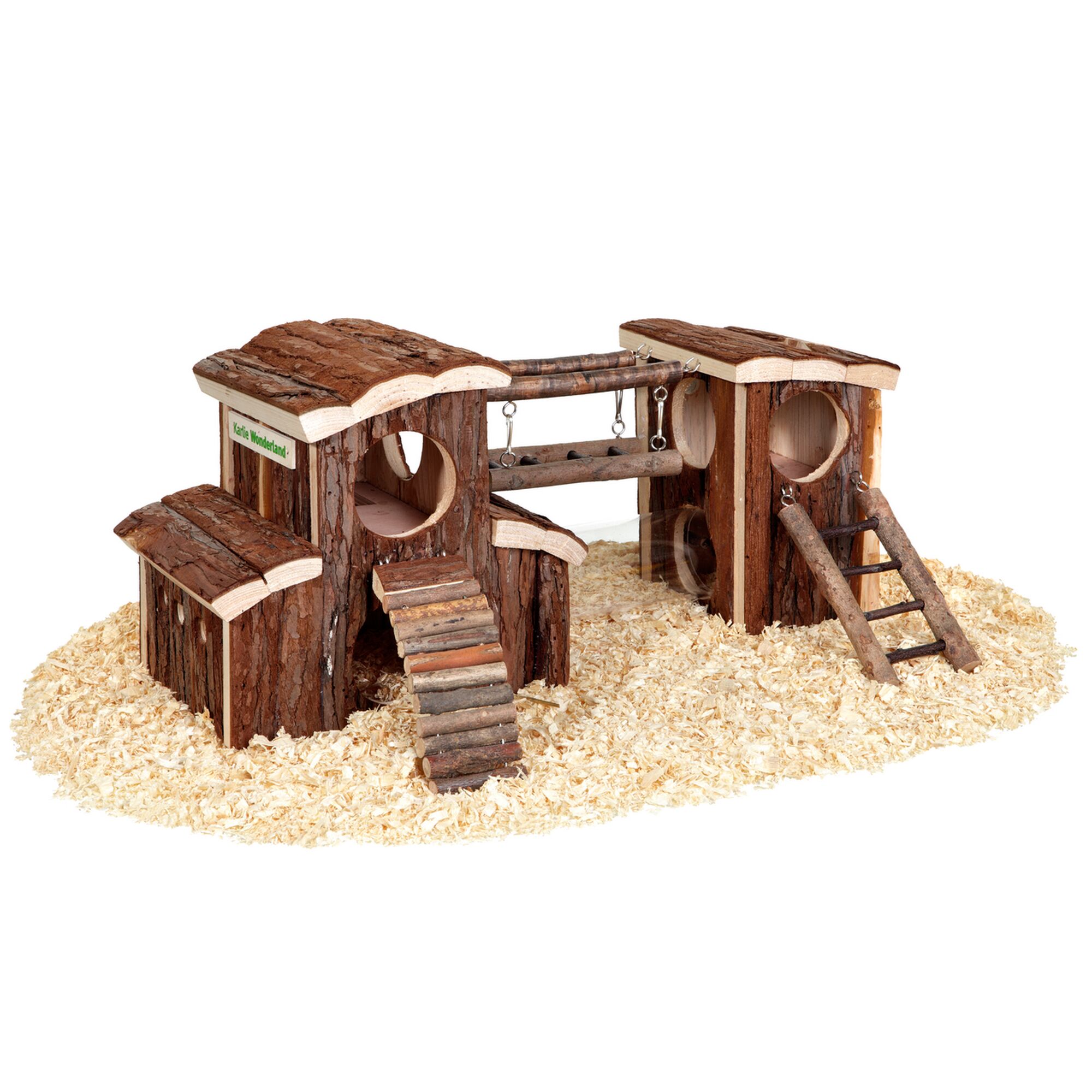 Nagerspielplatz aus Holz mit Leitern, Tunnel und Häuschen