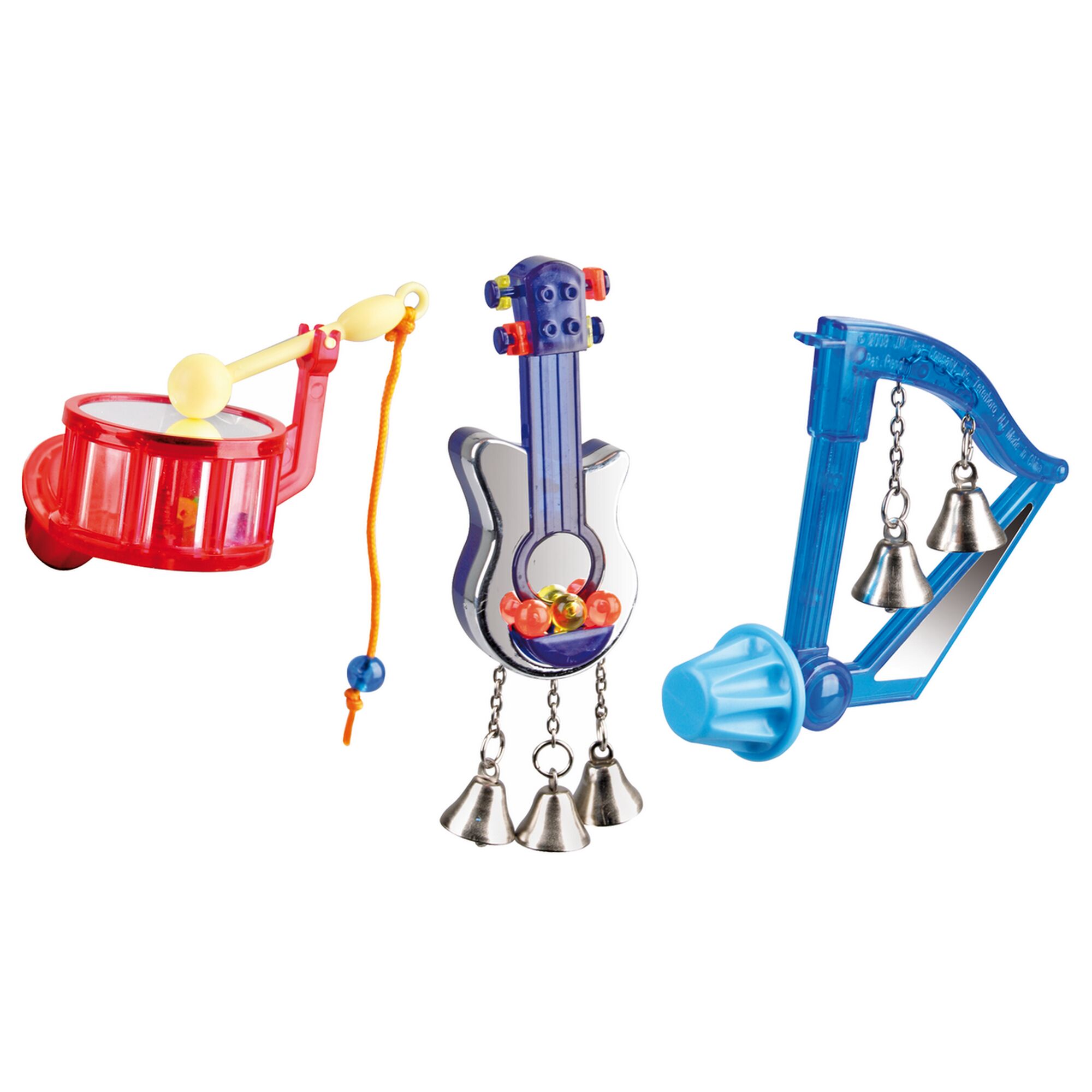 Drei farbenfrohe Spielzeuge für Sittiche: Trommel, Gitarre und Glockenspiel