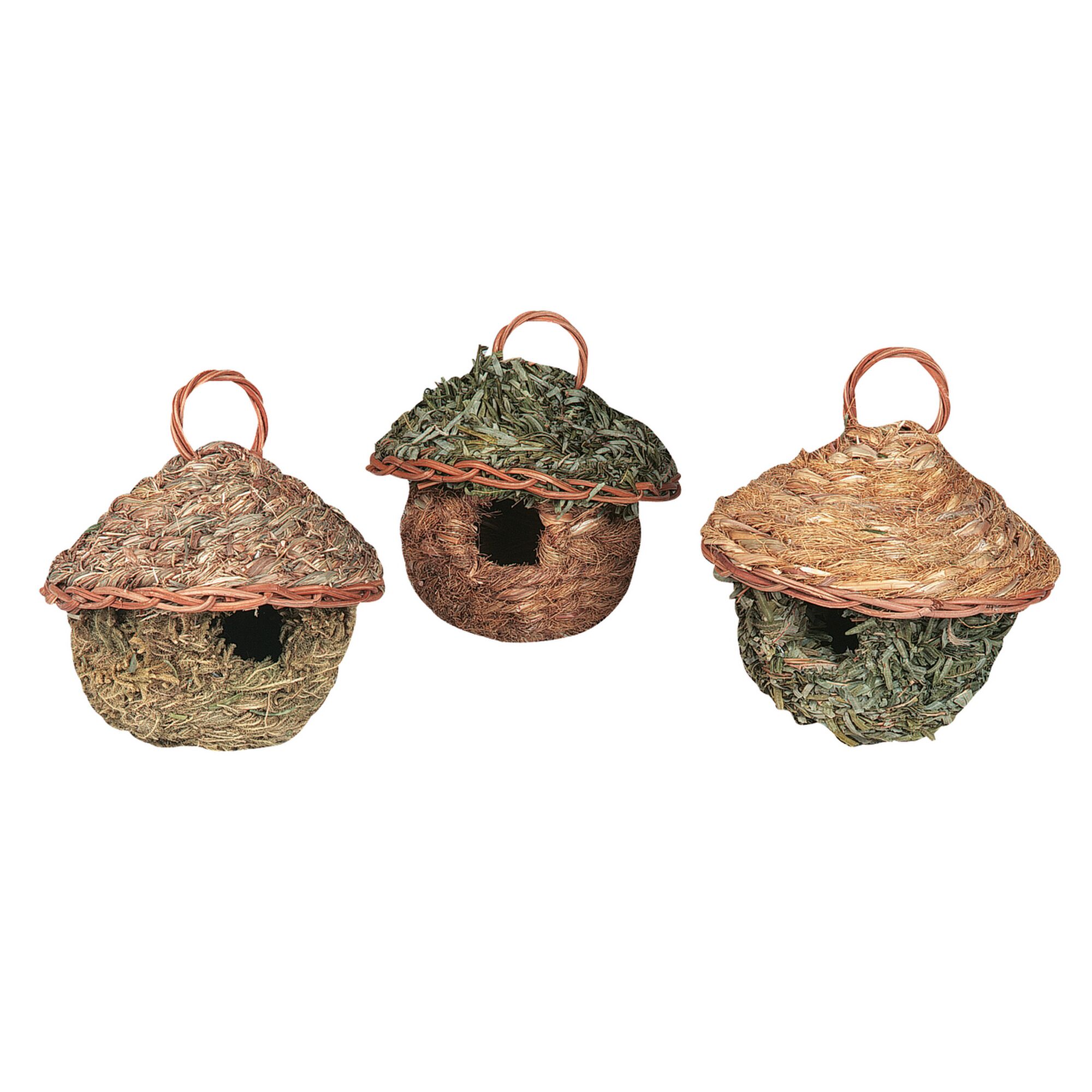 Drei Vogelnester aus Naturmaterialien