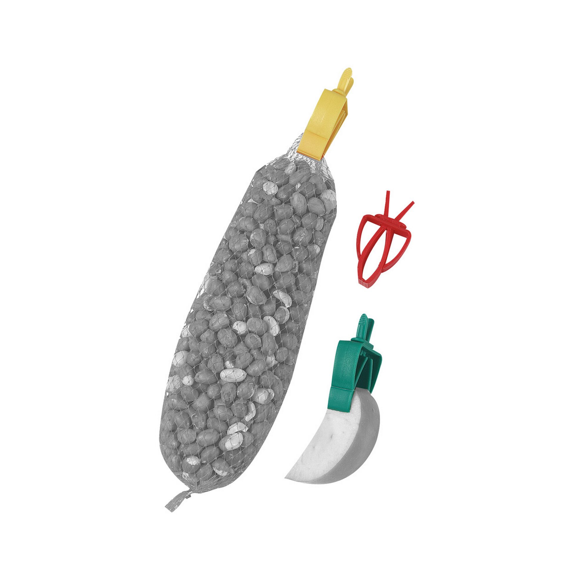 Verschluss-Clips an Erdnüssen und Apfelstück