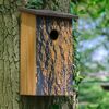 Nistkasten aus Holz mit Muster am Baum