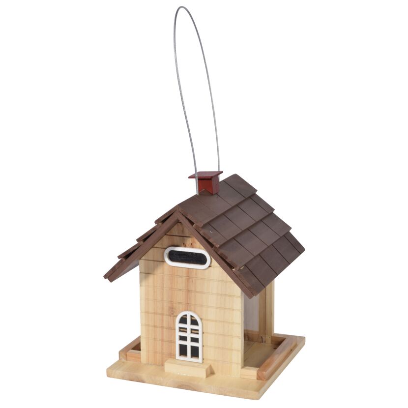 Vogelhaus aus Holz mit Schornstein und Drahtaufhänger