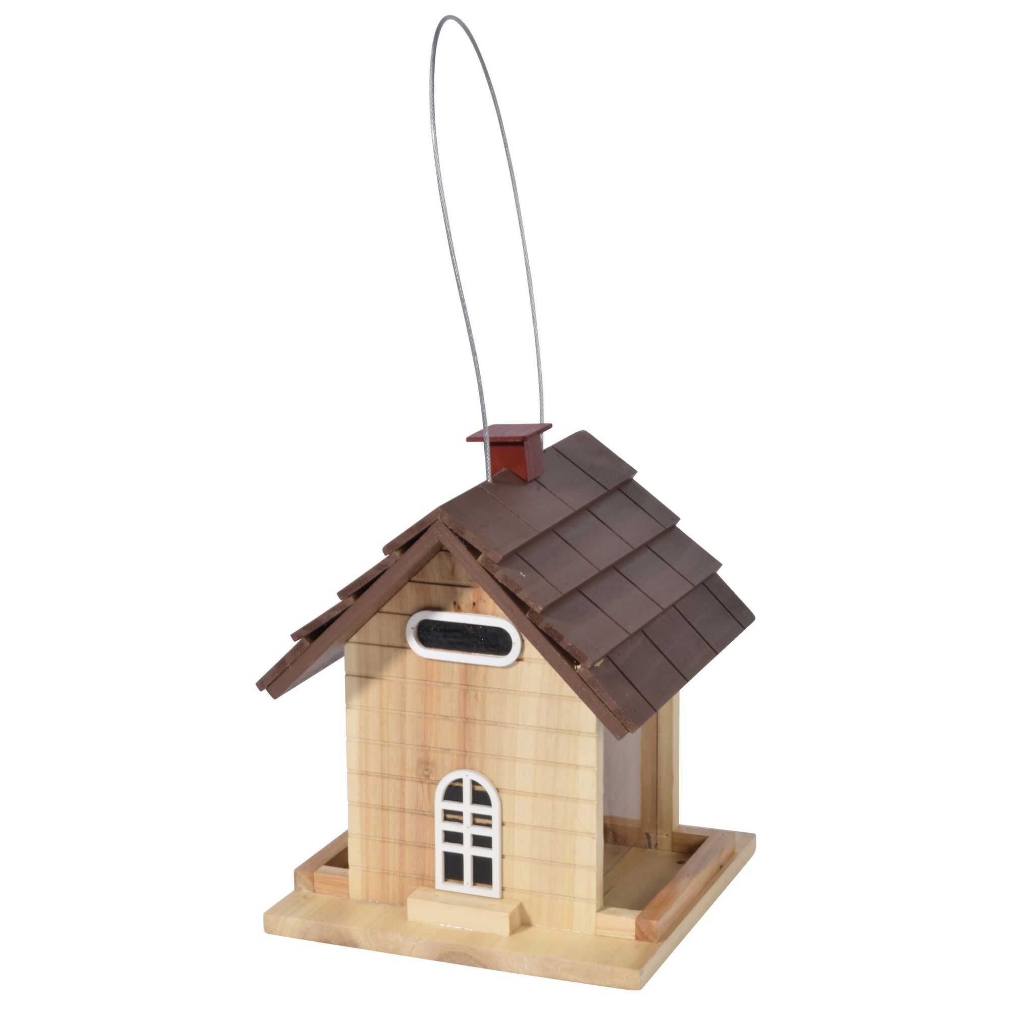 Vogelhaus aus Holz mit Schornstein und Drahtaufhänger