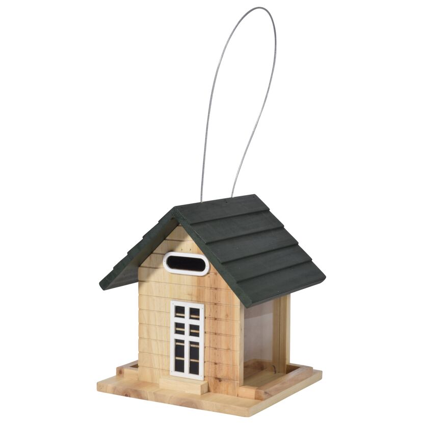 Vogelhaus aus Holz mit grünem Dach