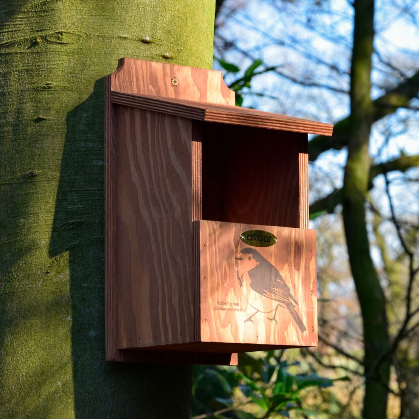 Nistkasten aus Holz für Rotkehlchen an Baumstamm