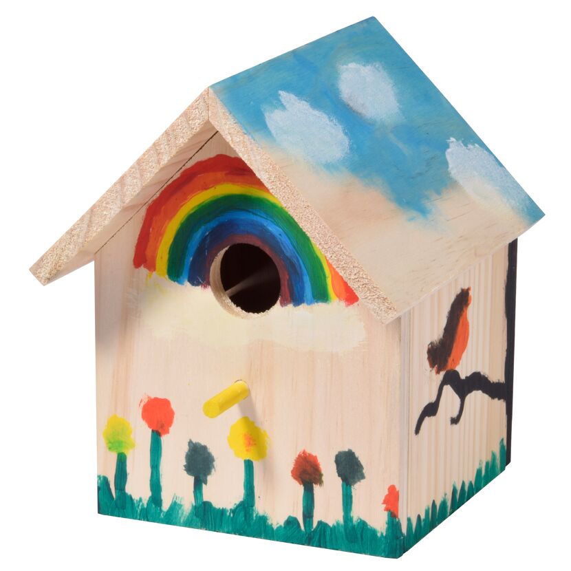 Bemalter Nistkasten mit Regenbogen und Vogel