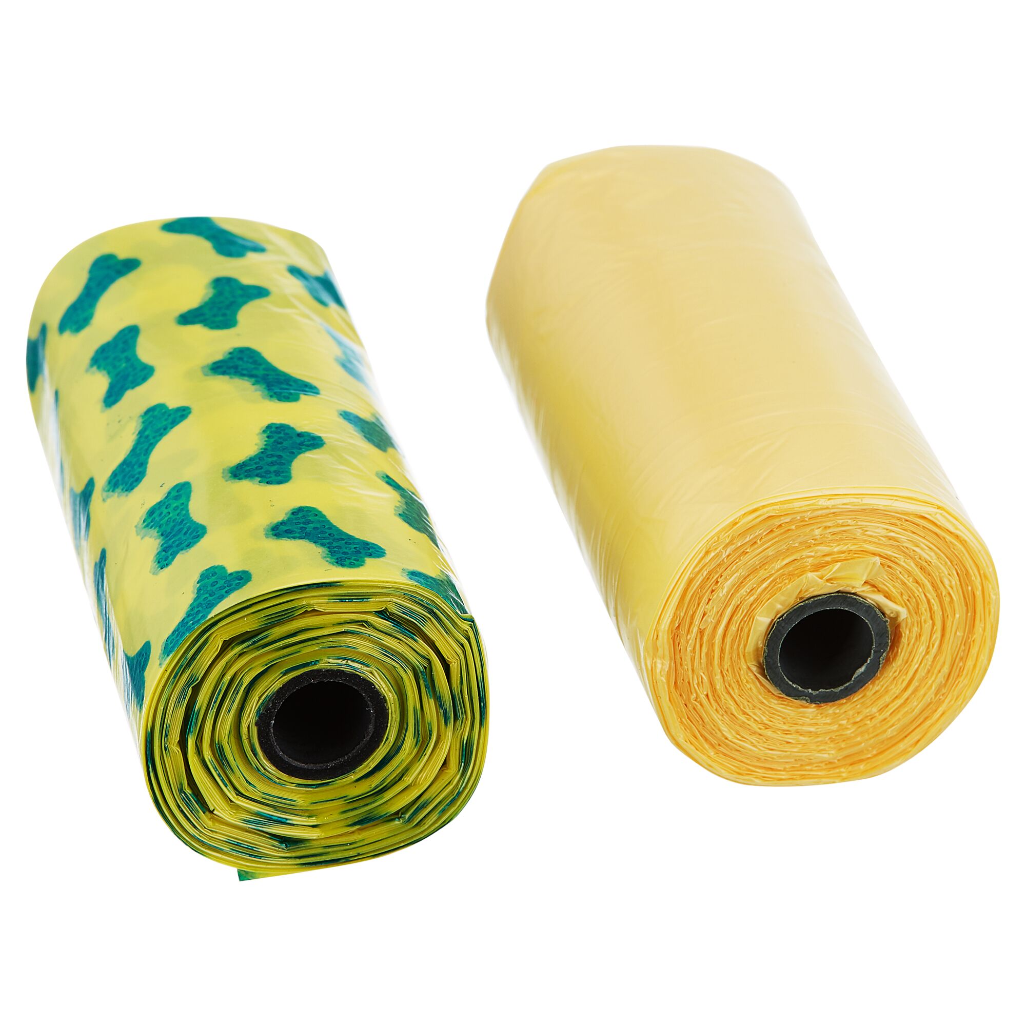 Zwei Rollen Kotbeutel, eine gelb und eine gelb mit grünen Knochen