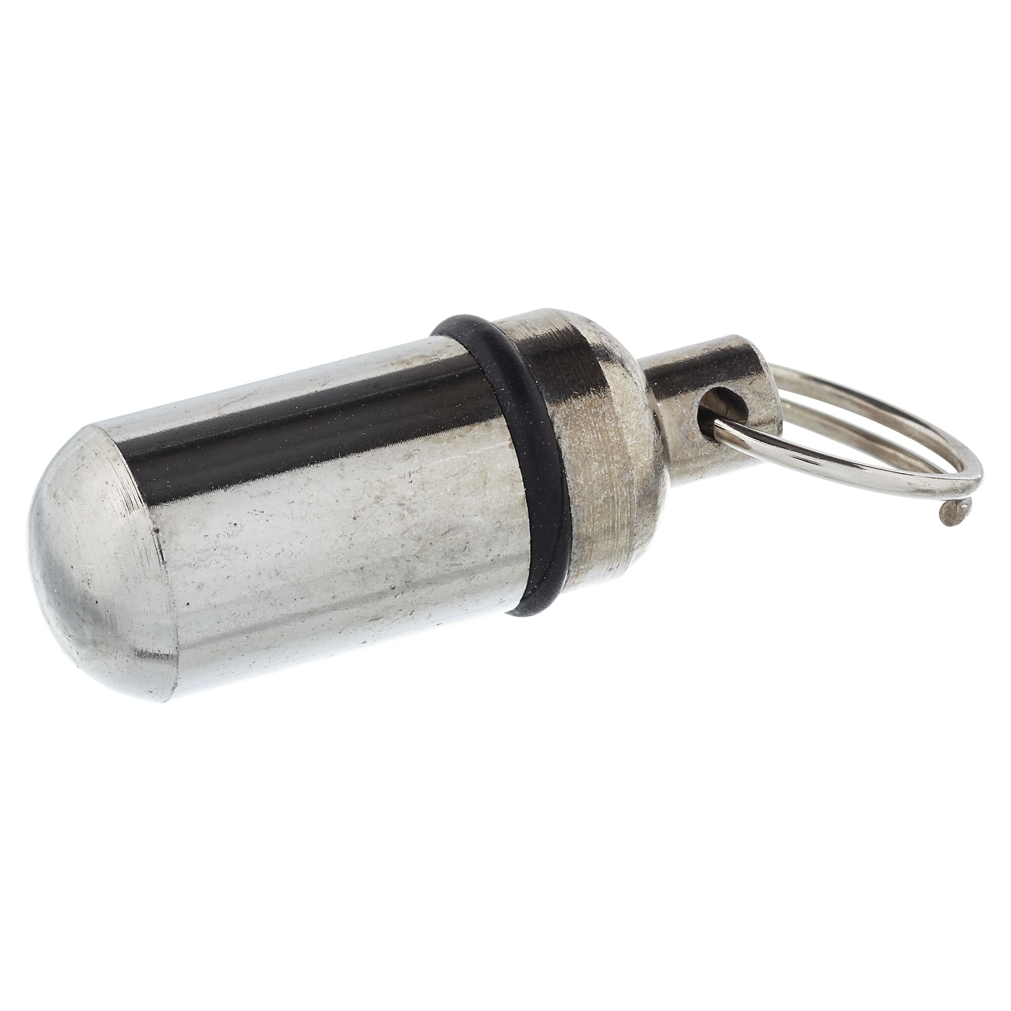 Metallene Adresstube mit Schlüsselring.