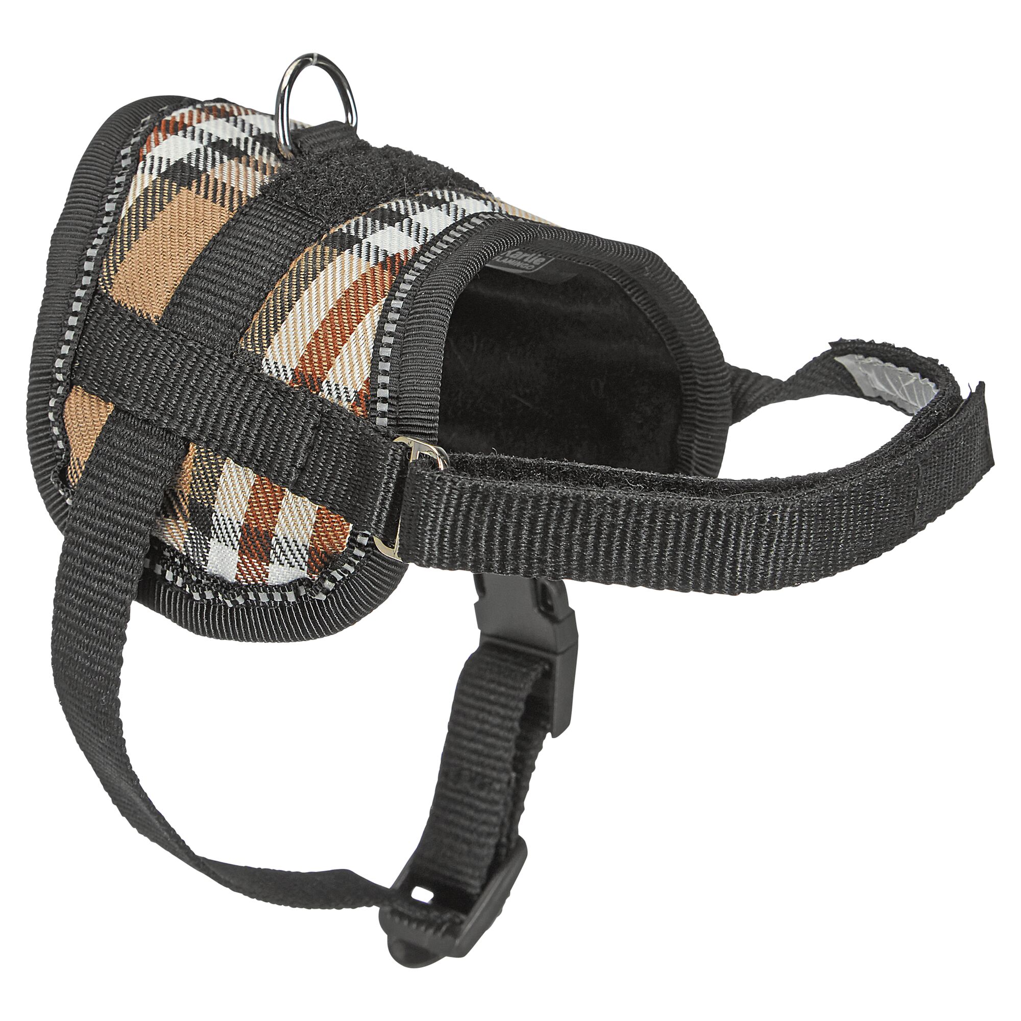 Schwarzes Hundegeschirr mit beigem Karomuster
