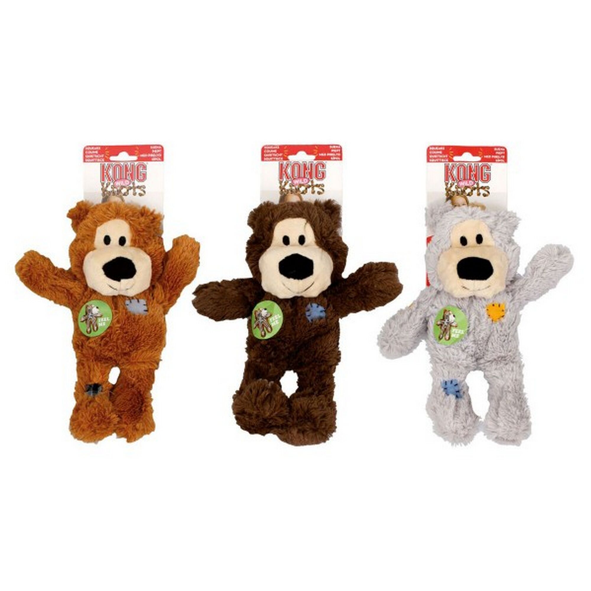 Drei KONG Wild Knots Bären in braun, dunkelbraun und grau.