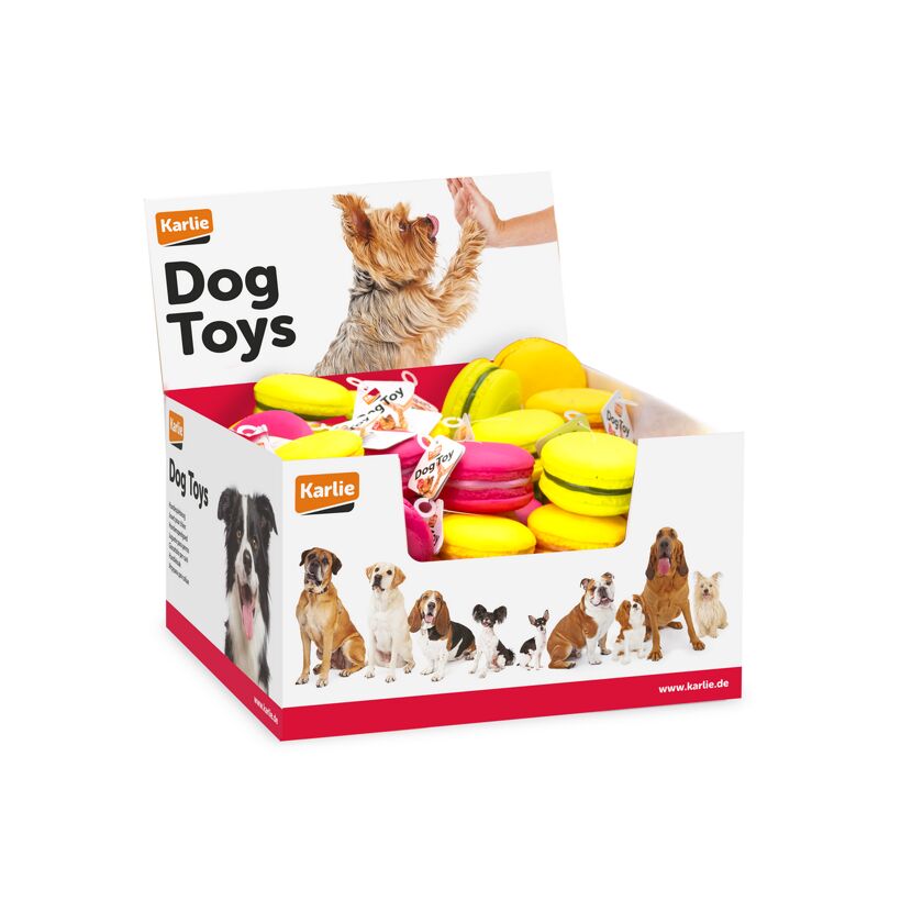 Hundespielzeug Macarons in Verkaufsdisplay