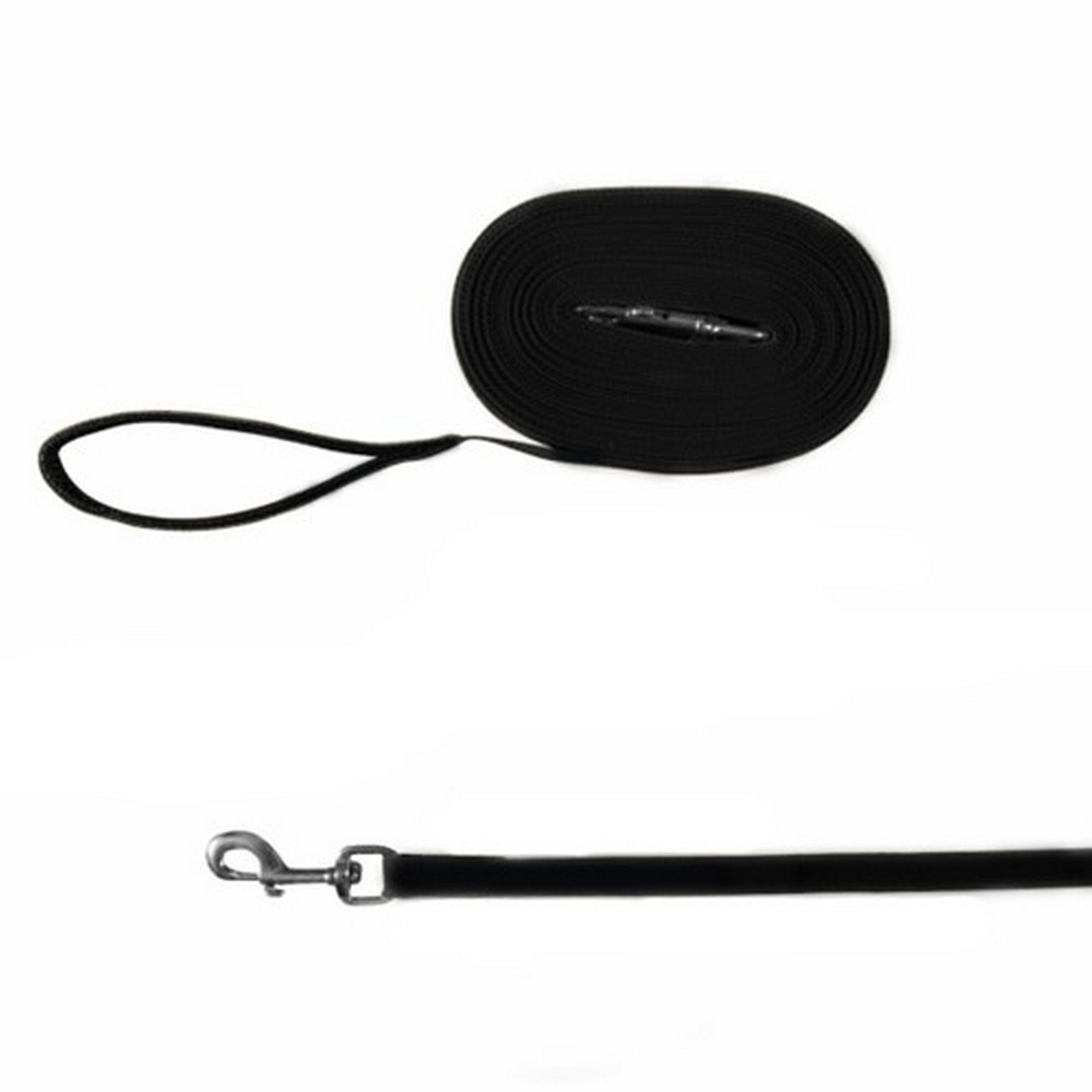 Schwarze Schleppleine 5 m, aufgerollt und ausgebreitet.