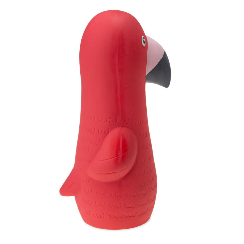 Roter Spielzeugvogel von der Seite