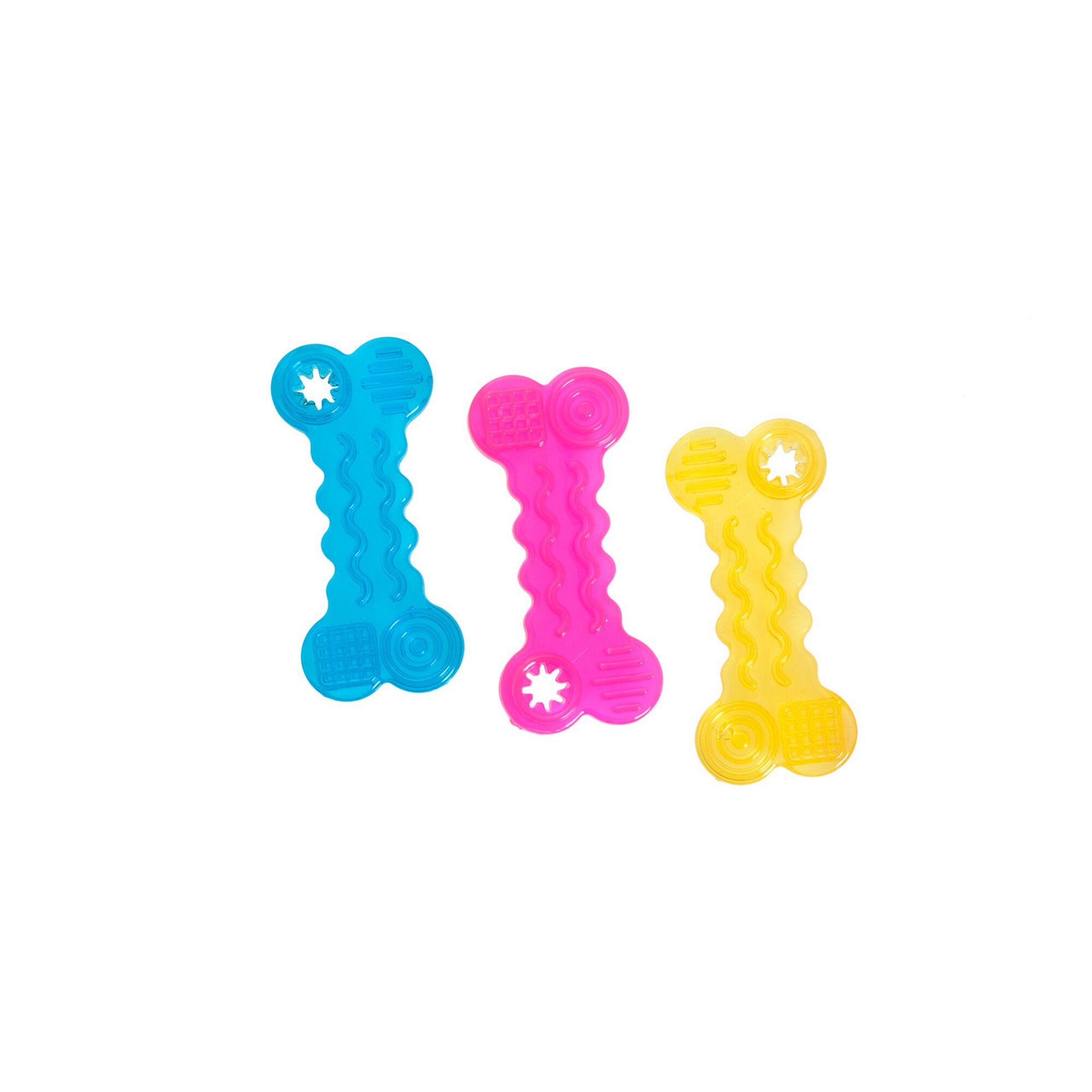Drei verschiedenfarbige Hundespielzeuge in Knochenform.