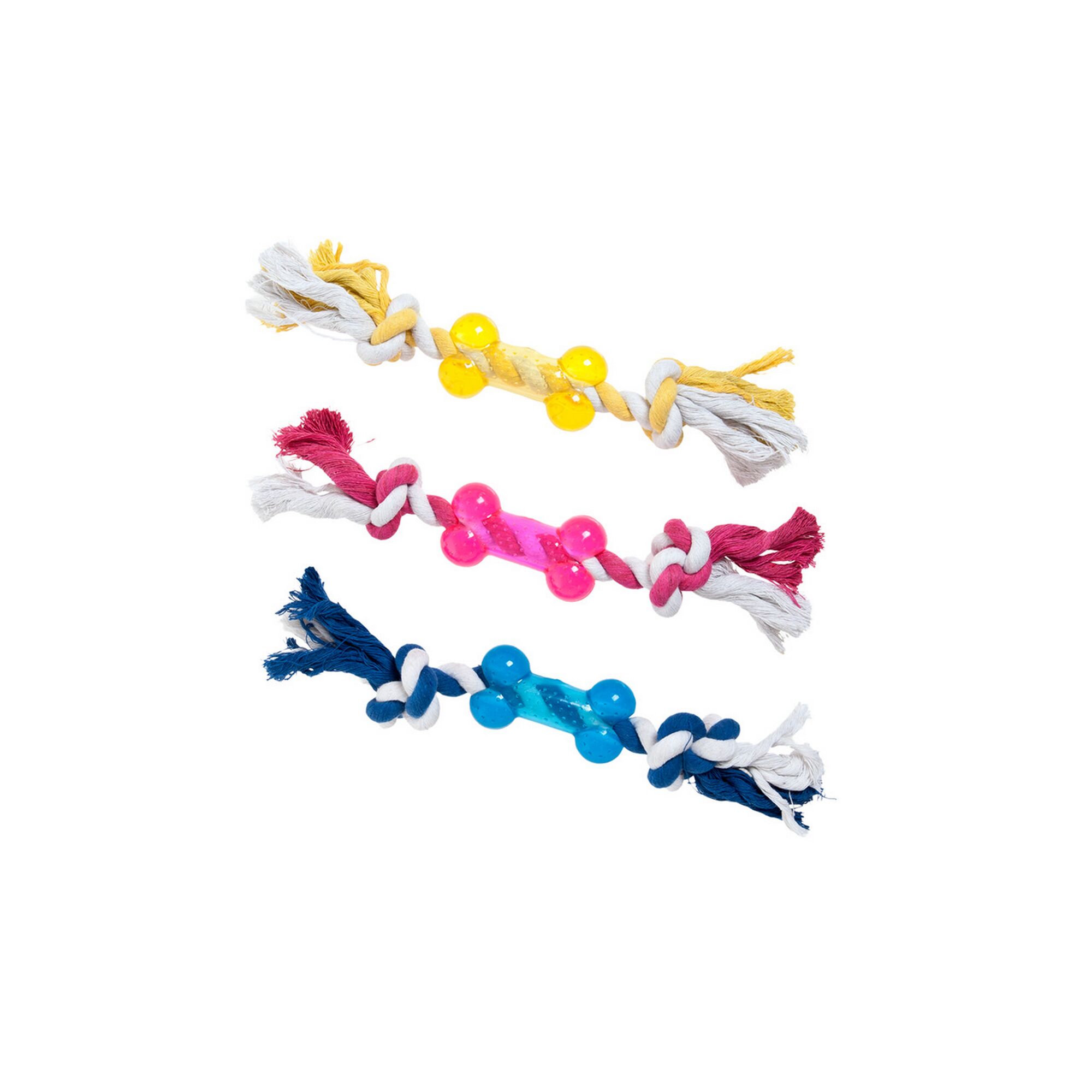 Drei Hundespielzeuge aus Seil mit Knochen