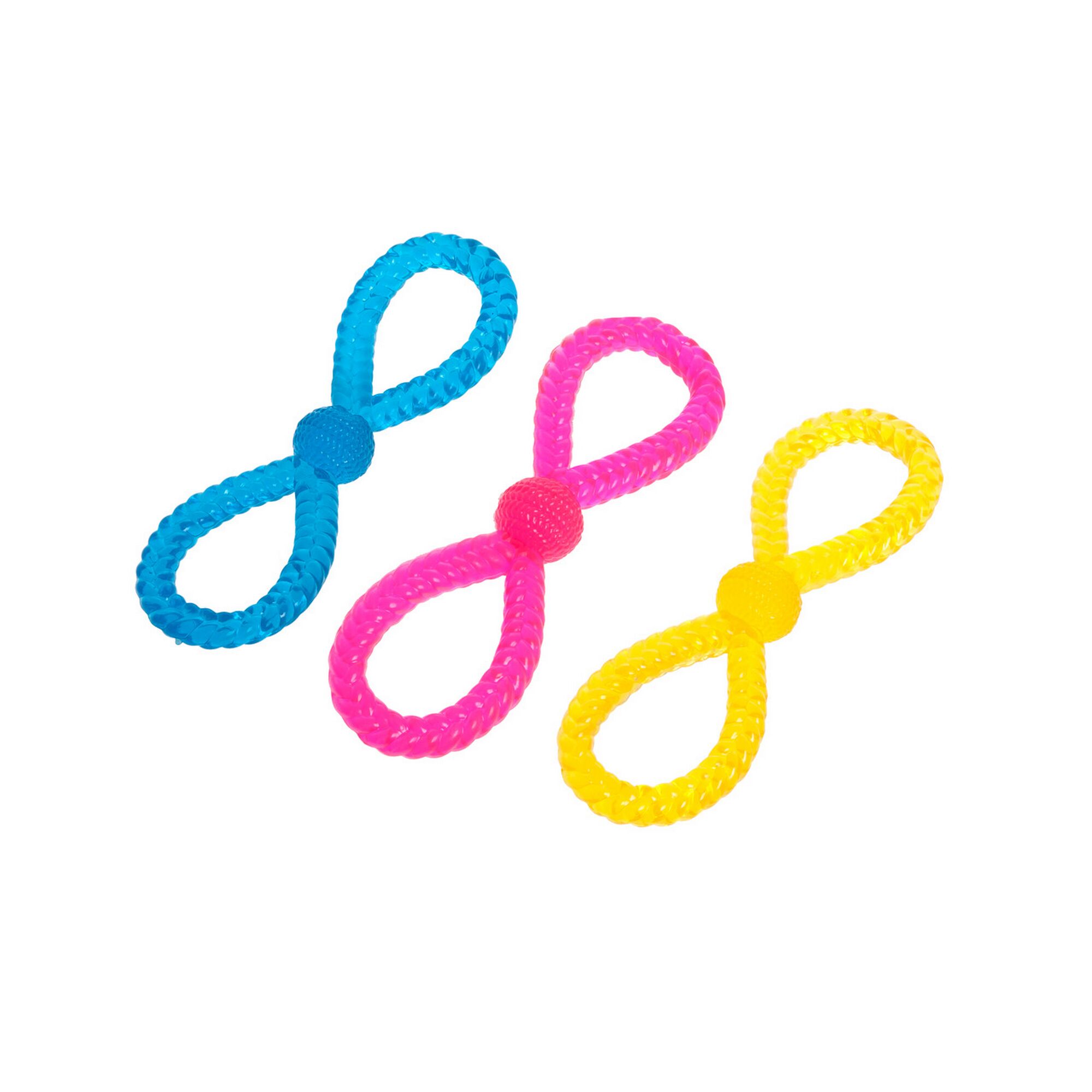 Drei Hundespielzeuge in Blau, Pink und Gelb.
